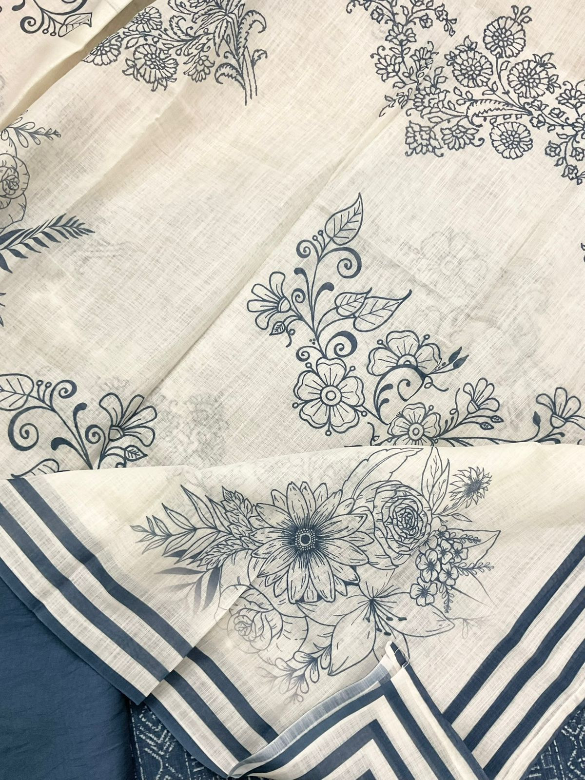 Soft Linen Jute Cotton Printed Embroidered Suit - Blue