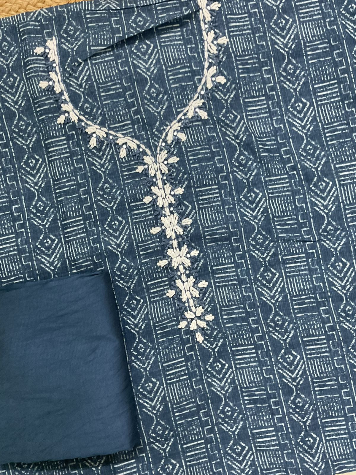 Soft Linen Jute Cotton Printed Embroidered Suit - Blue