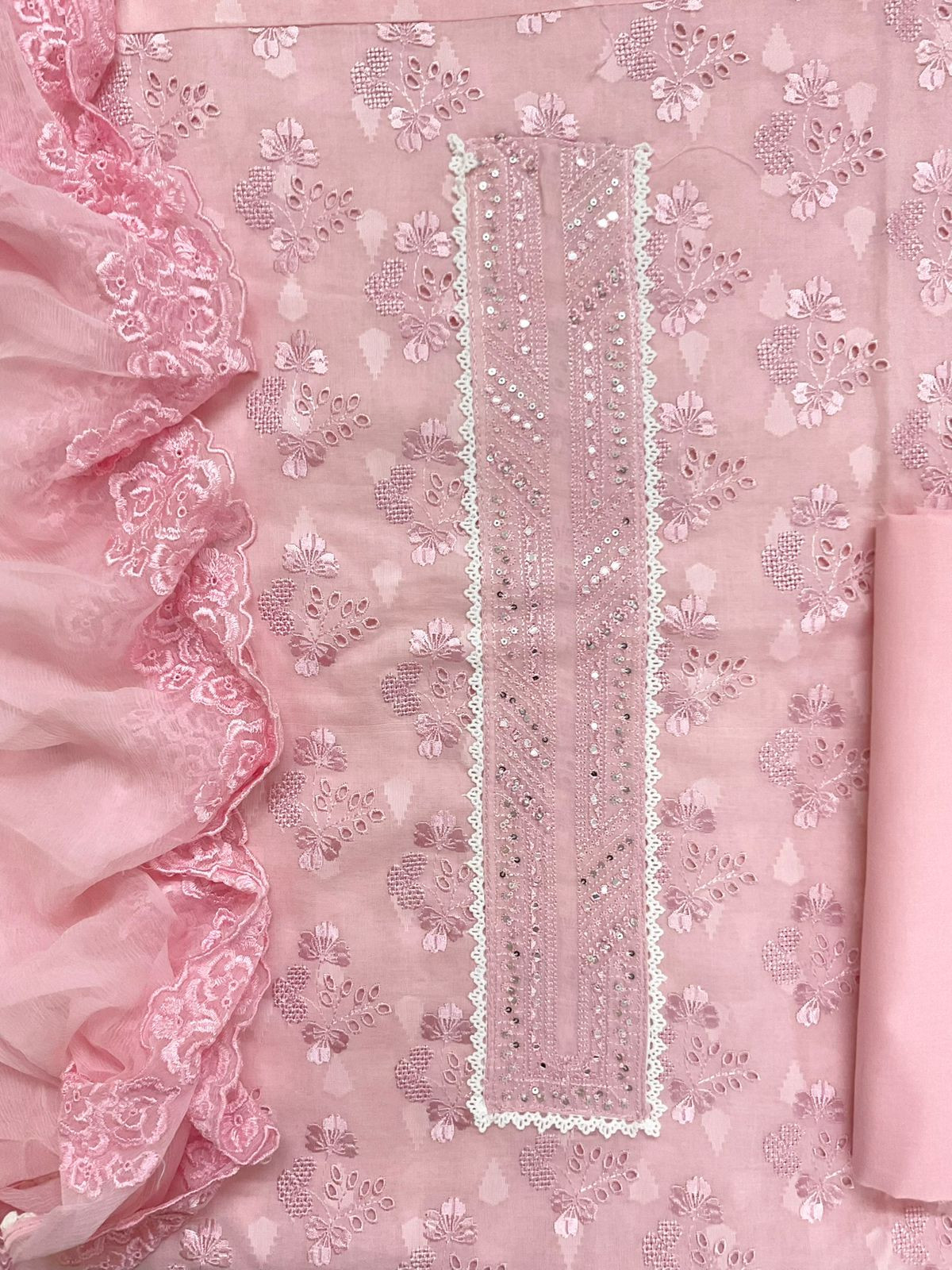 Pure Cotton Self Weaved Embroidered Suit - Pink