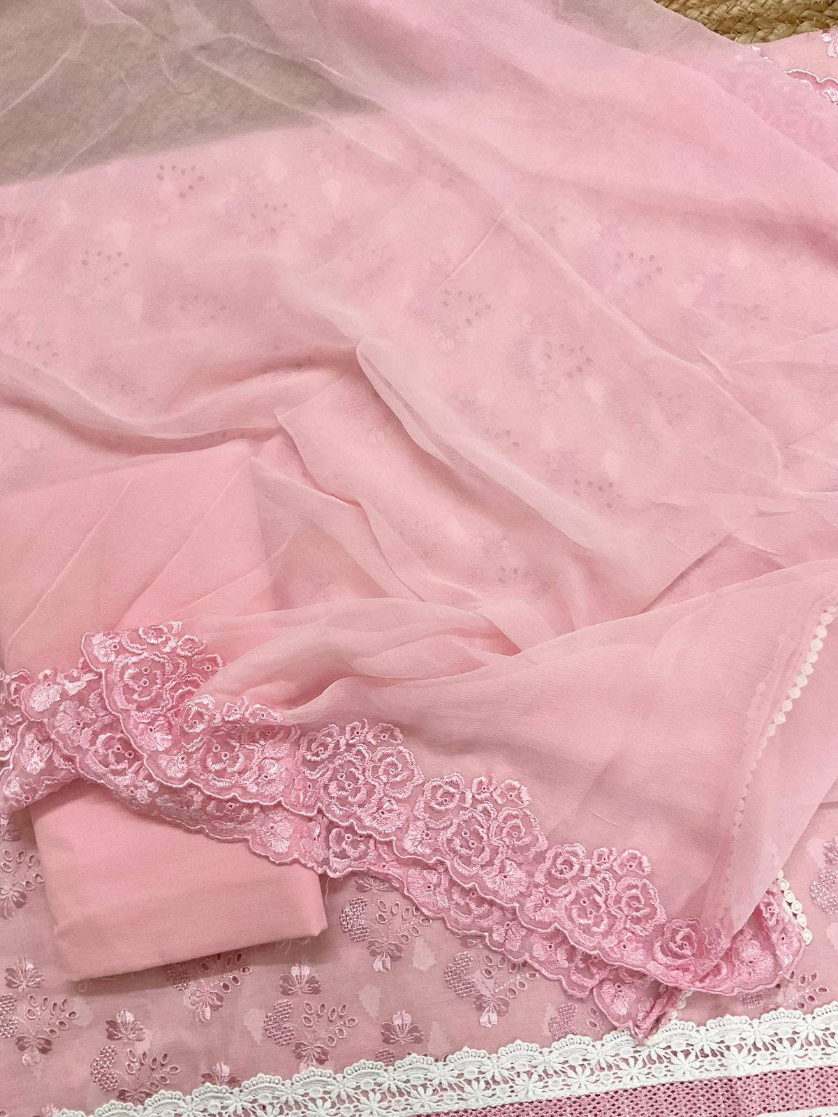 Pure Cotton Self Weaved Embroidered Suit - Pink