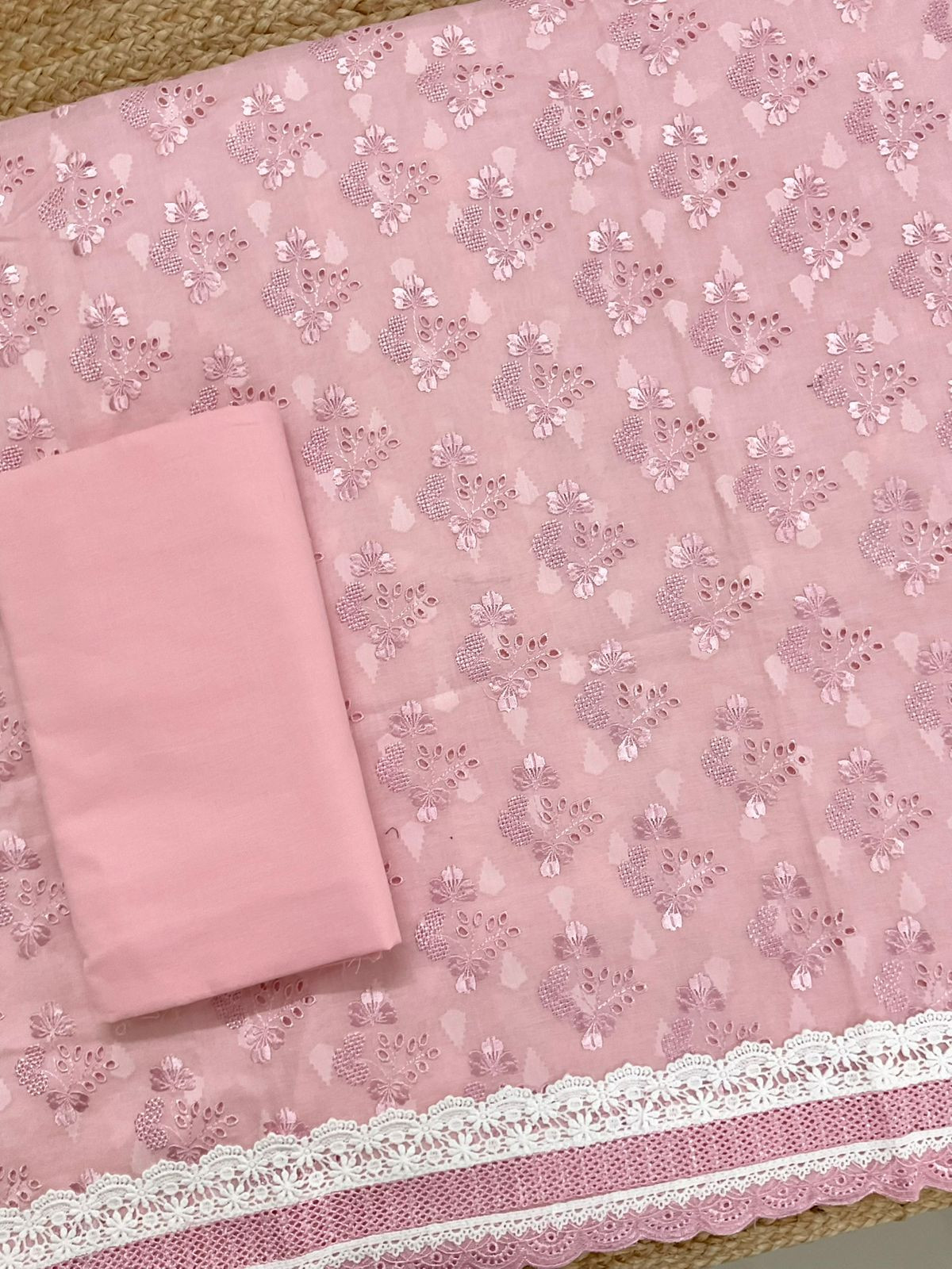Pure Cotton Self Weaved Embroidered Suit - Pink
