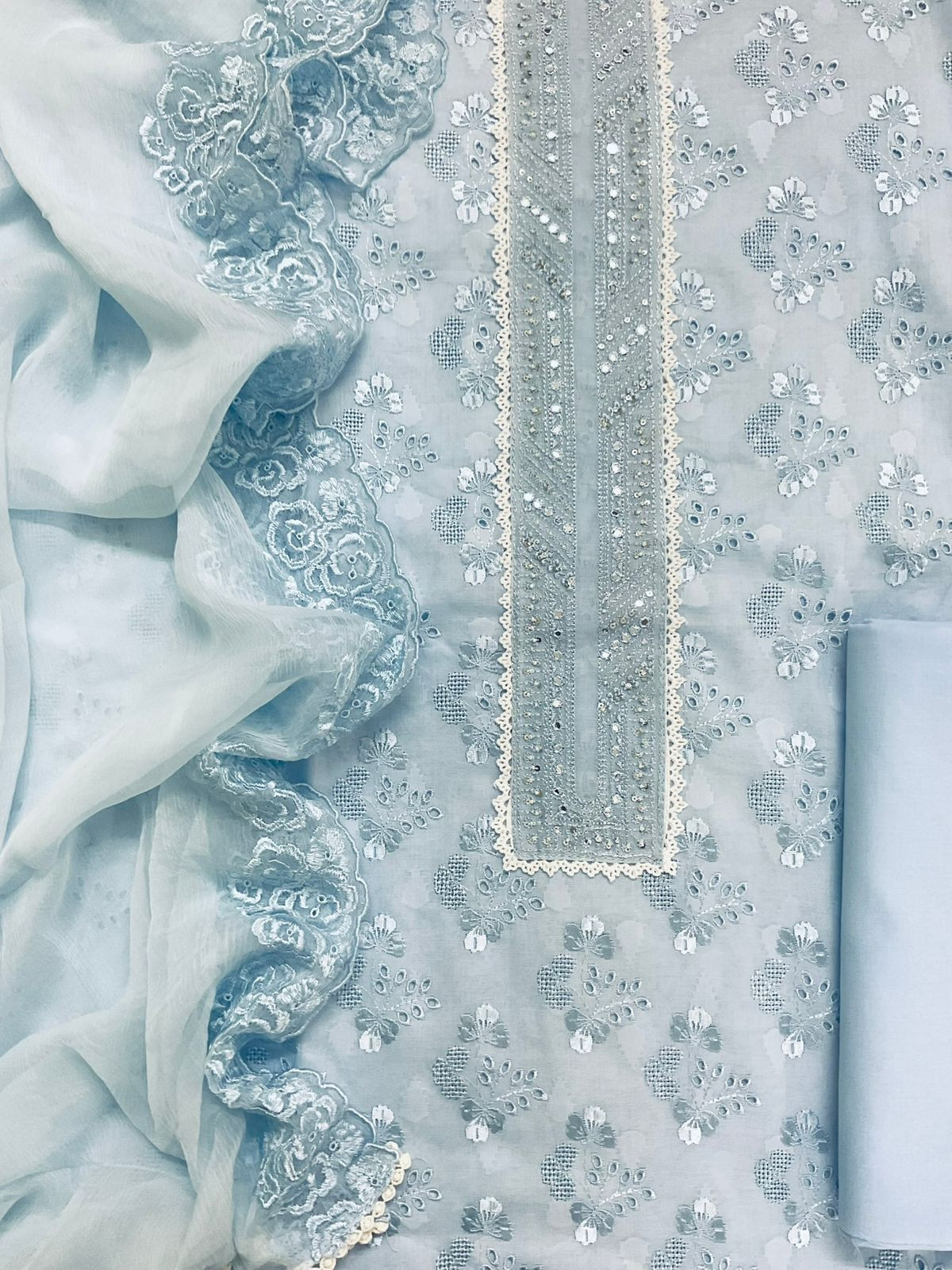 Pure Cotton Self Weaved Embroidered Suit - Blue