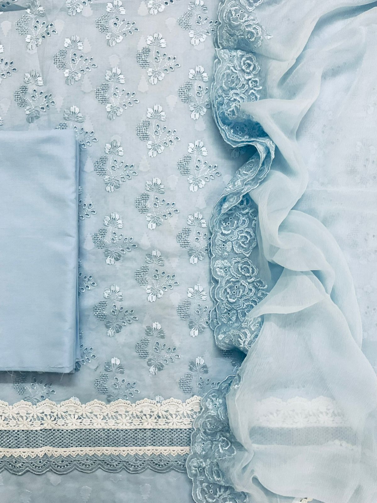 Pure Cotton Self Weaved Embroidered Suit - Blue