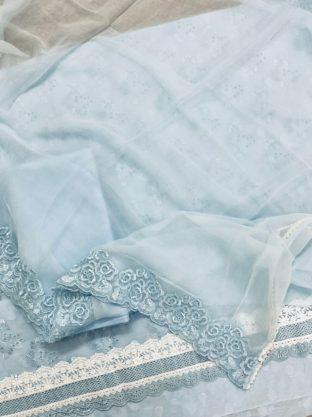 Pure Cotton Self Weaved Embroidered Suit - Blue