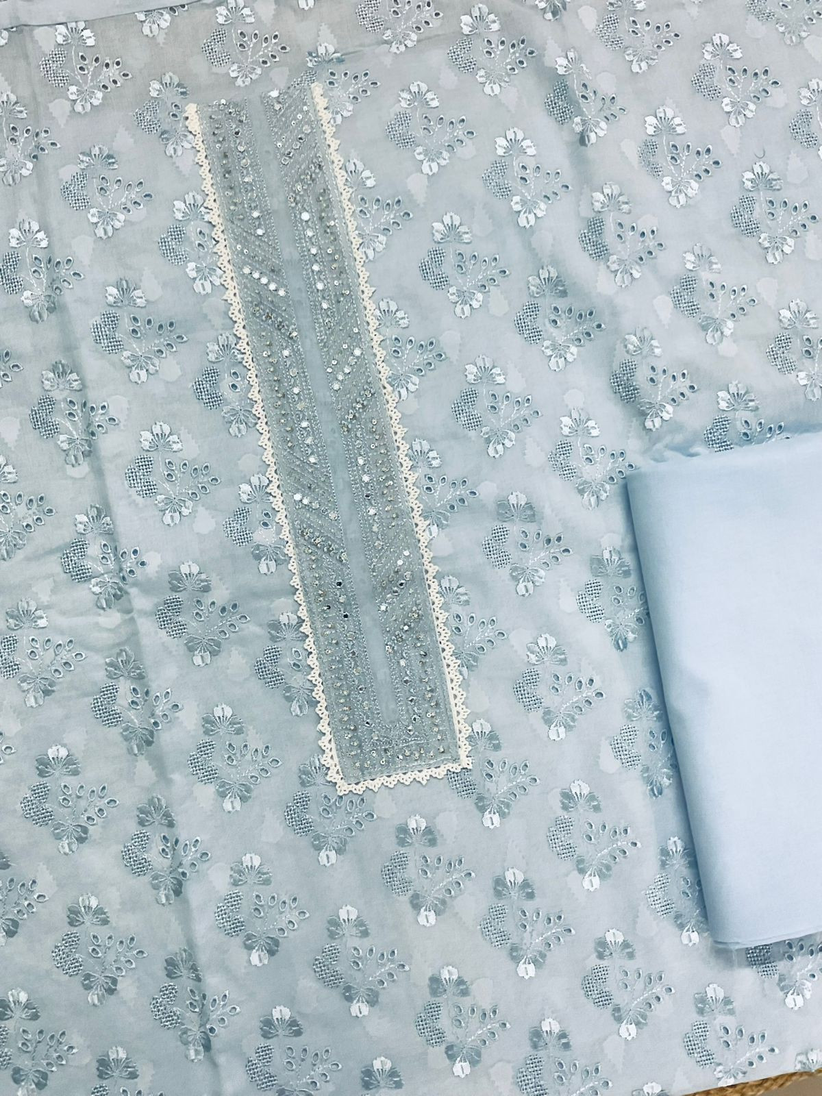 Pure Cotton Self Weaved Embroidered Suit - Blue