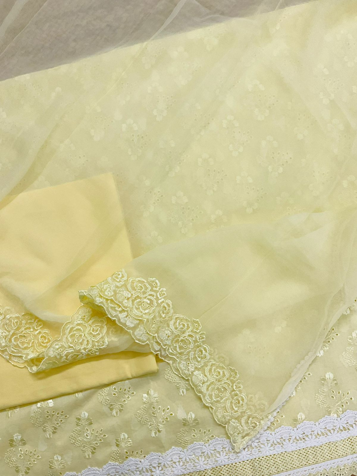 Pure Cotton Self Weaved Embroidered Suit - Yellow