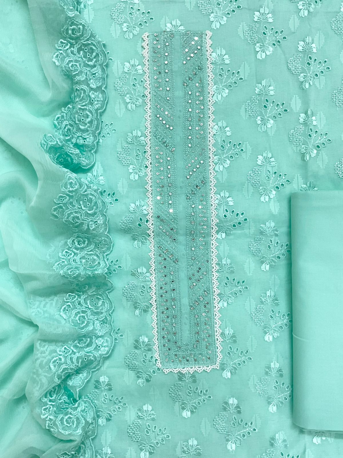 Pure Cotton Self Weaved Embroidered Suit - Green