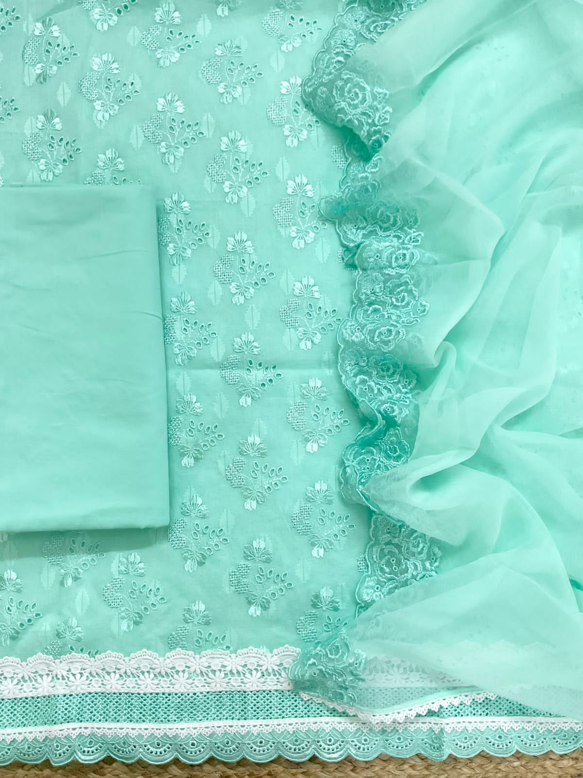 Pure Cotton Self Weaved Embroidered Suit - Green