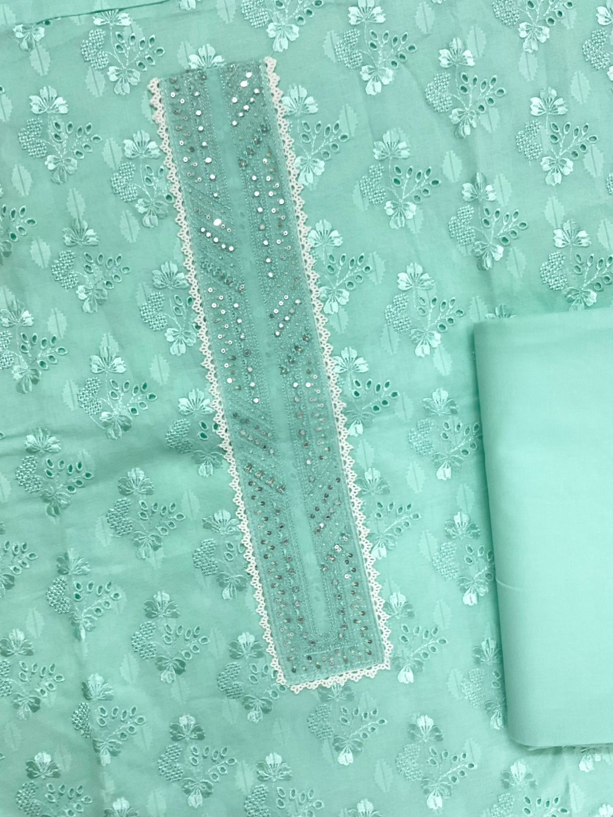 Pure Cotton Self Weaved Embroidered Suit - Green