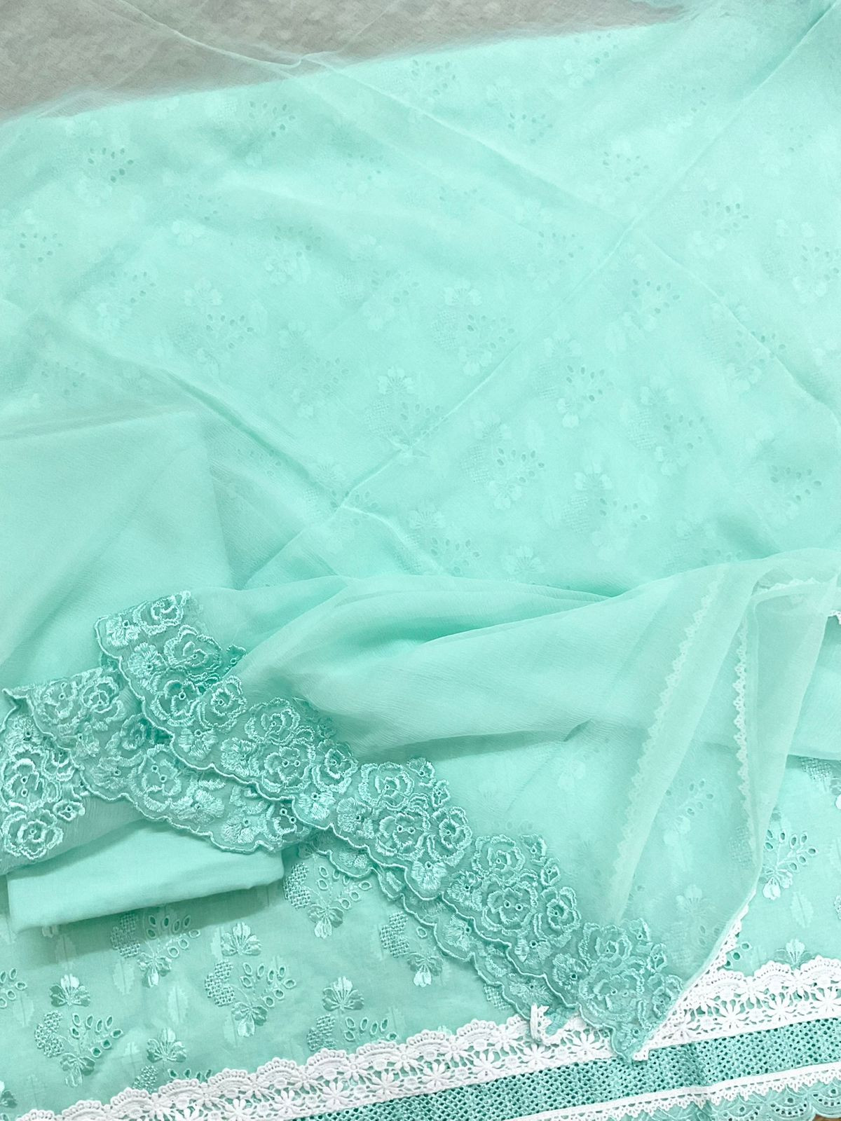 Pure Cotton Self Weaved Embroidered Suit - Green