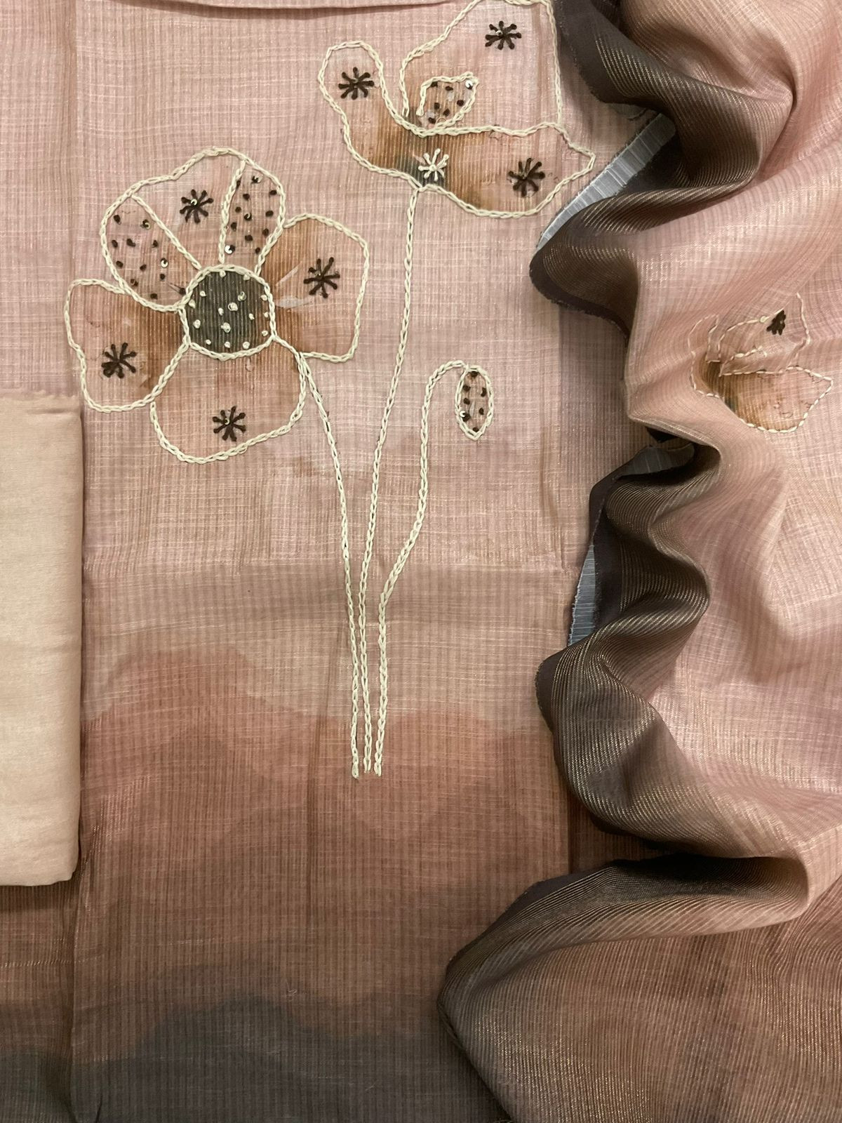 Soft Tissue Slub Cotton Printed Embroidered Suit - Brown