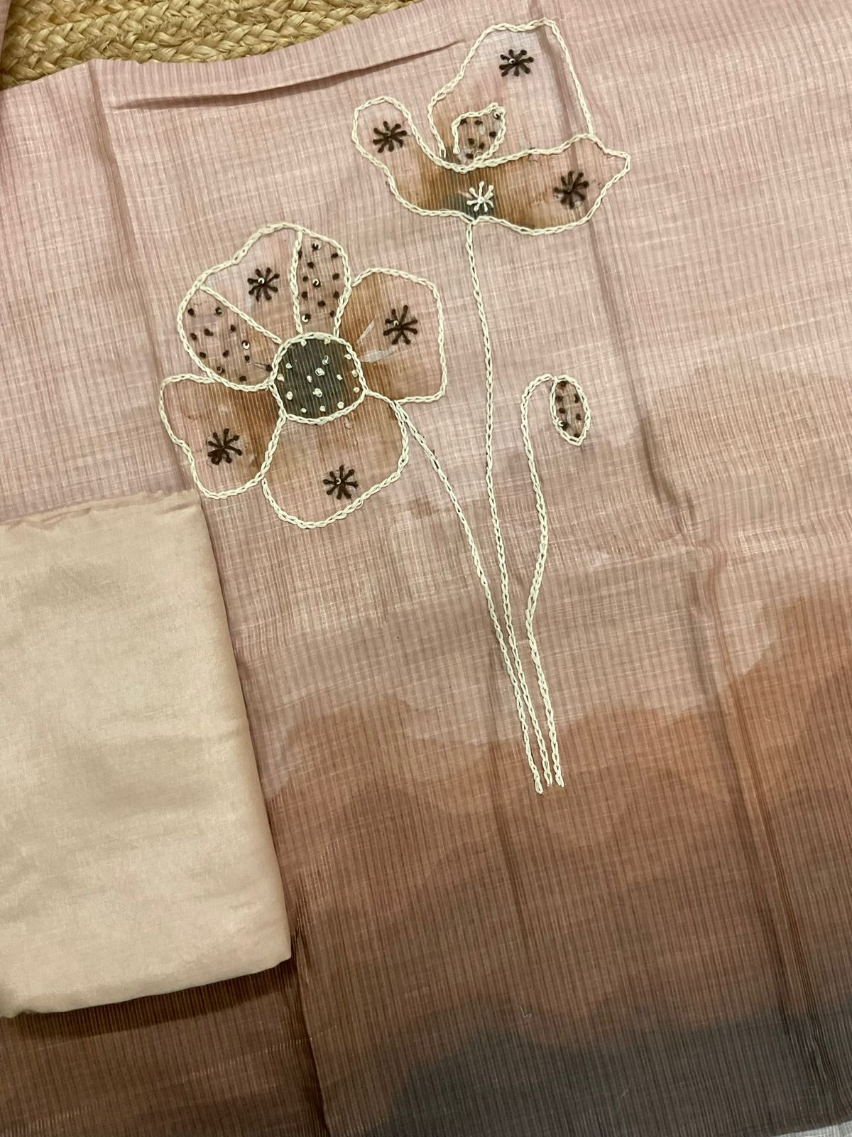 Soft Tissue Slub Cotton Printed Embroidered Suit - Brown