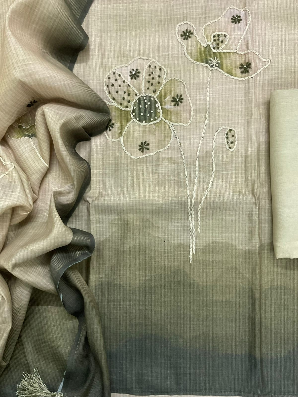 Soft Tissue Slub Cotton Printed Embroidered Suit - Green