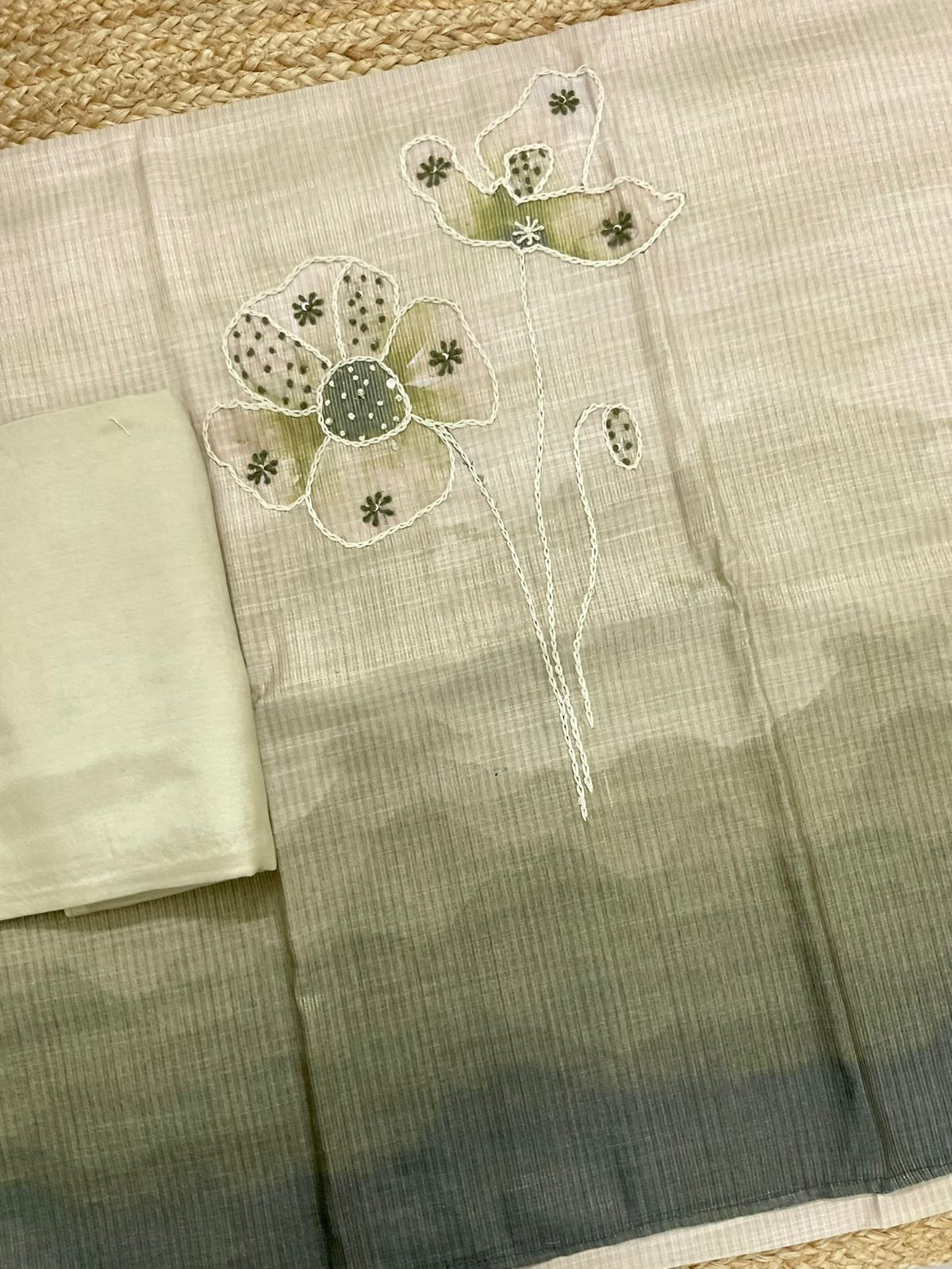 Soft Tissue Slub Cotton Printed Embroidered Suit - Green