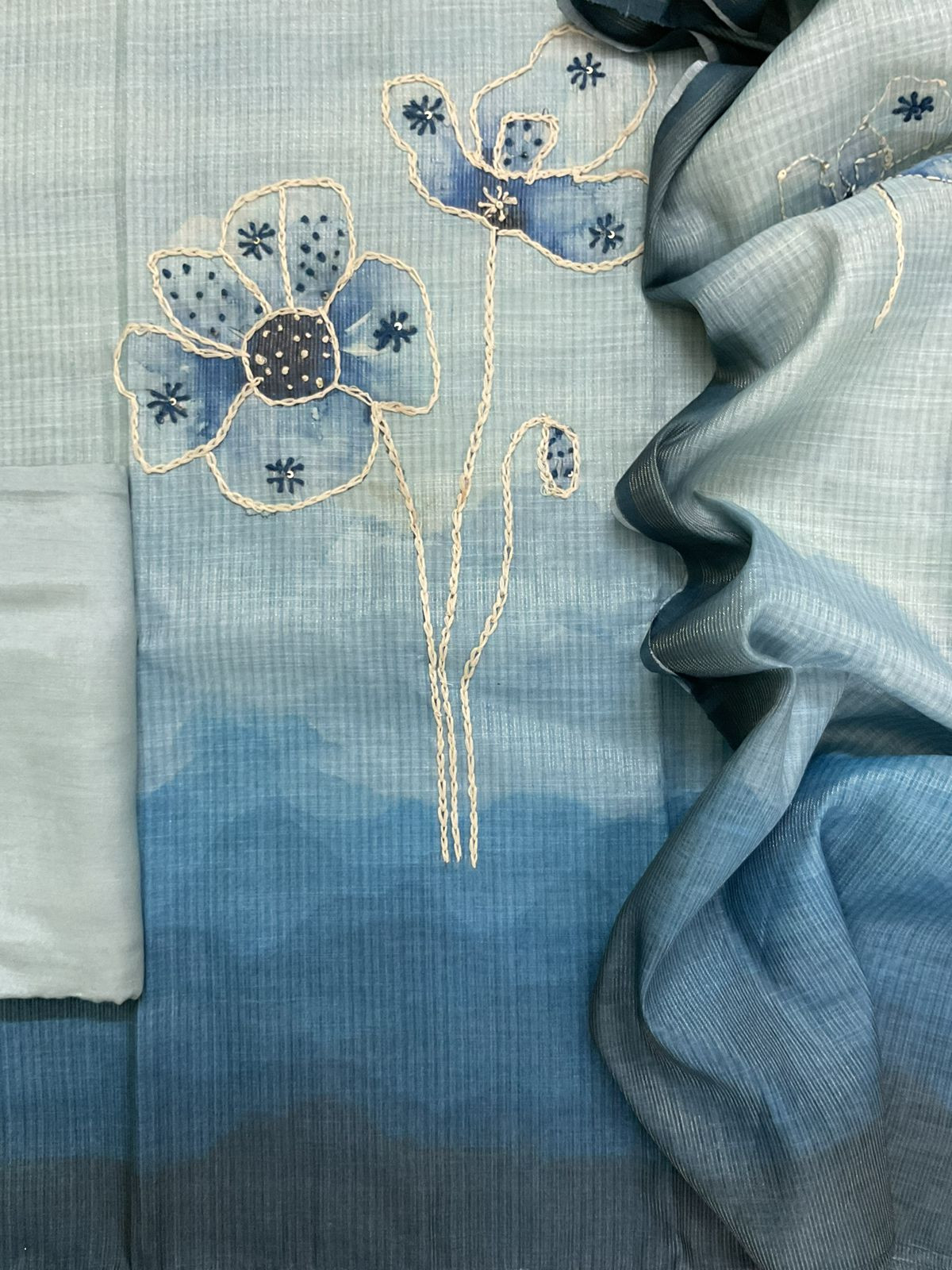 Soft Tissue Slub Cotton Printed Embroidered Suit - Blue