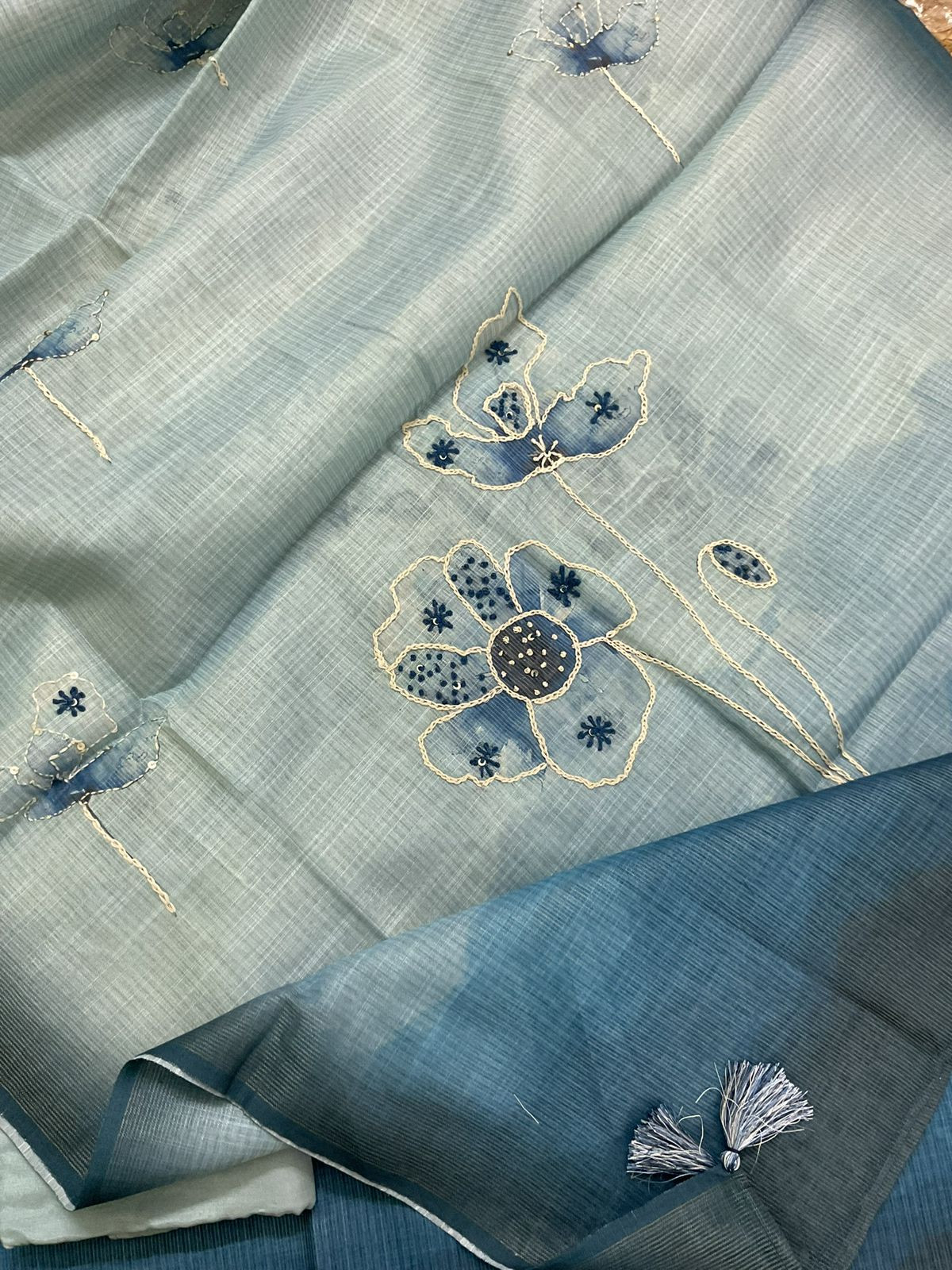 Soft Tissue Slub Cotton Printed Embroidered Suit - Blue