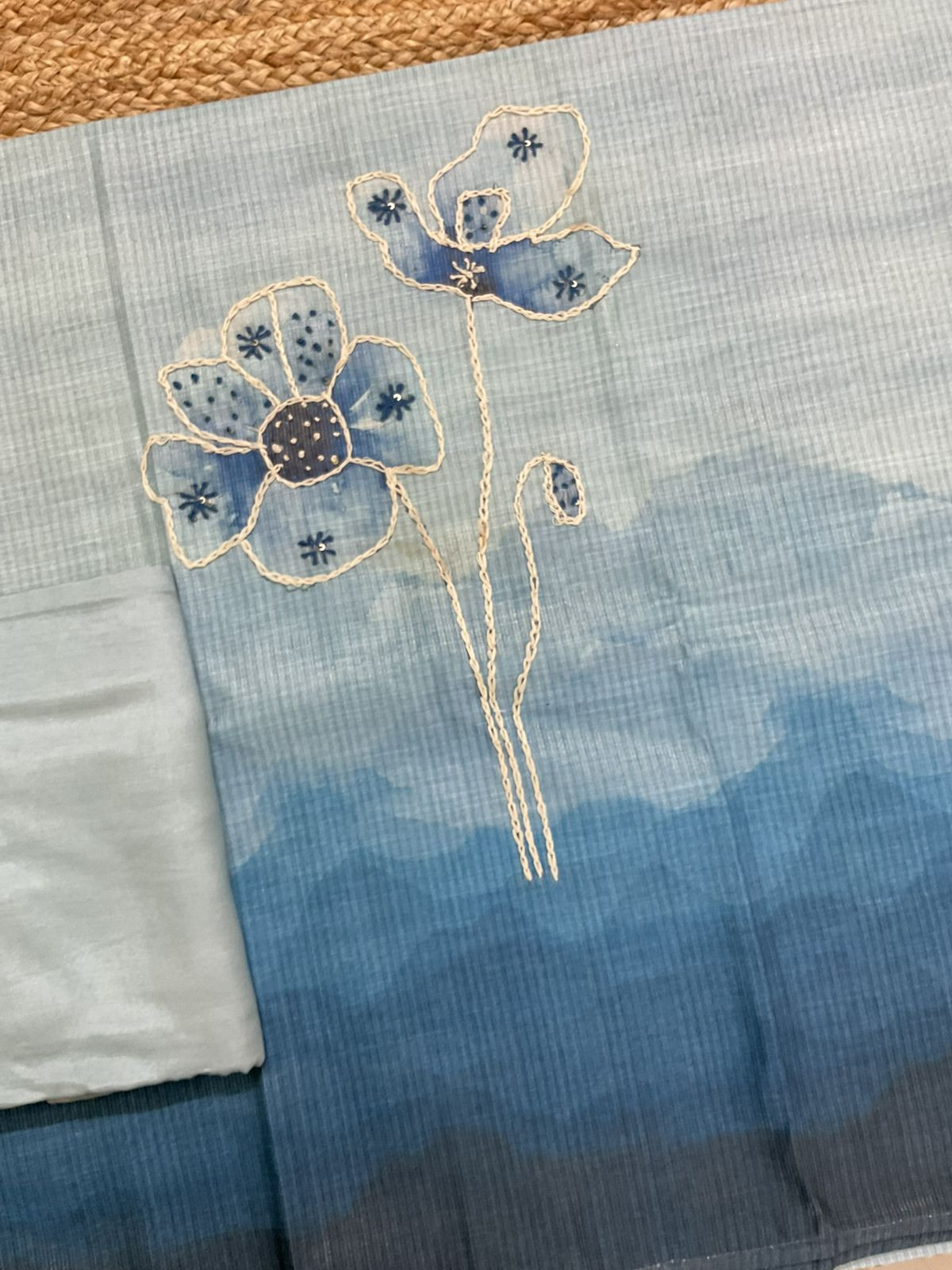 Soft Tissue Slub Cotton Printed Embroidered Suit - Blue