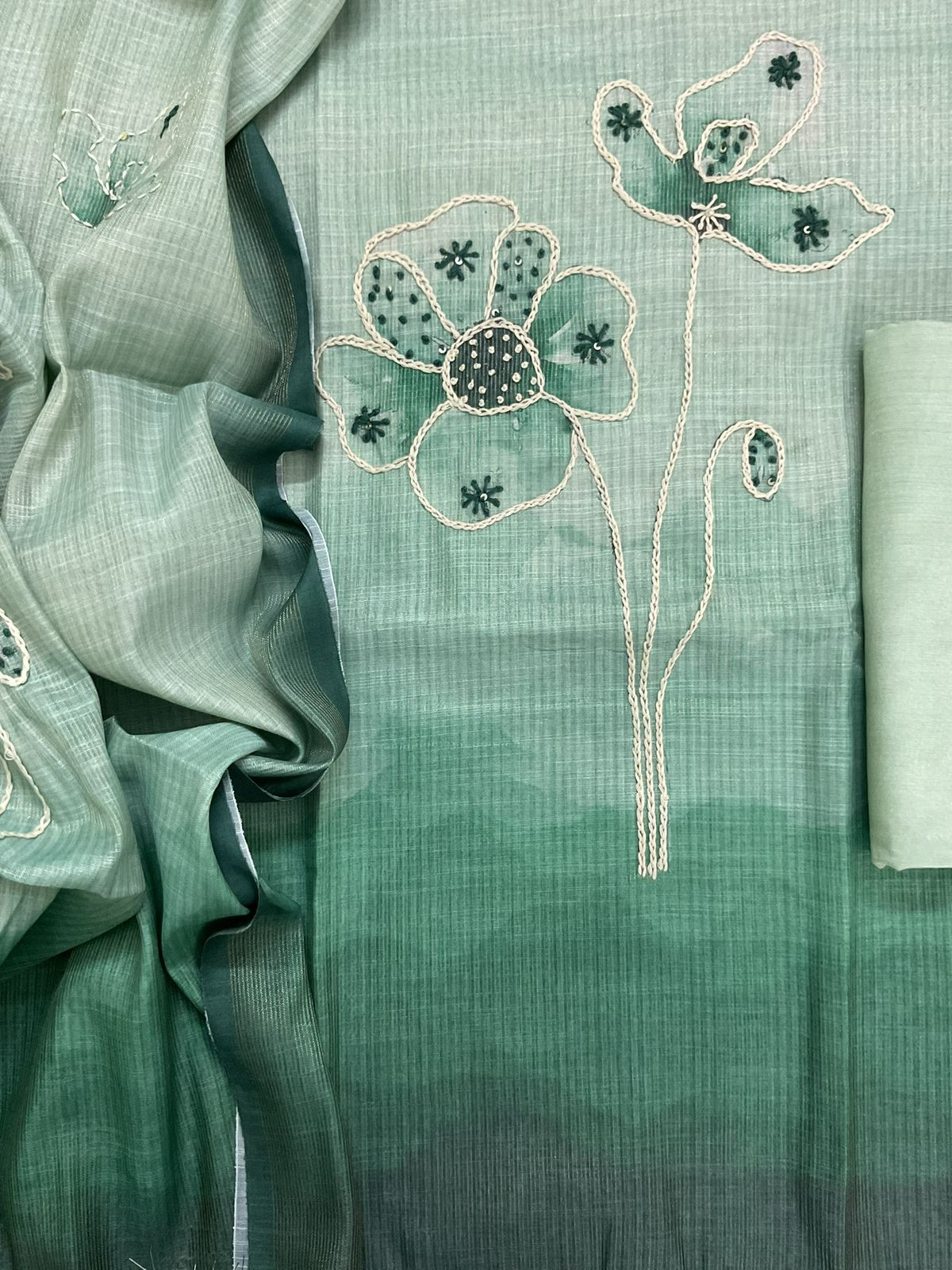 Soft Tissue Slub Cotton Printed Embroidered Suit - Green
