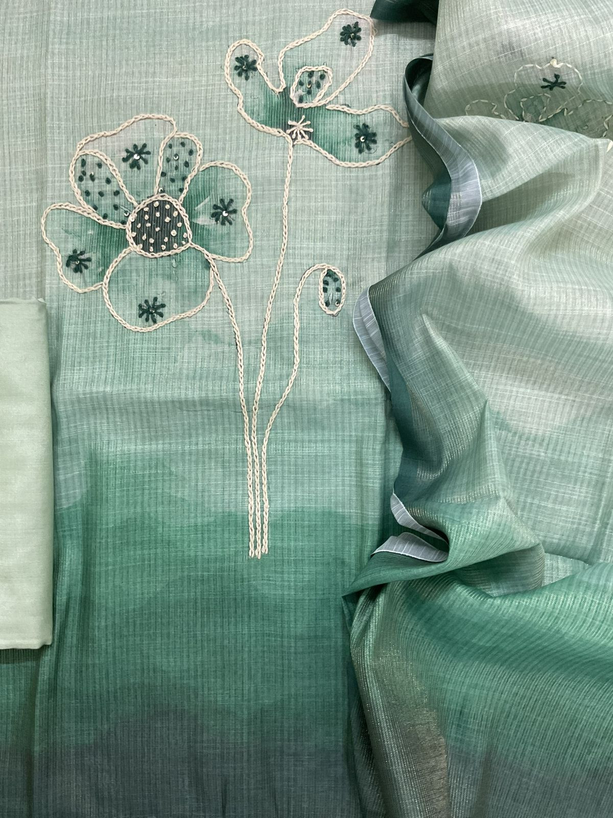 Soft Tissue Slub Cotton Printed Embroidered Suit - Green