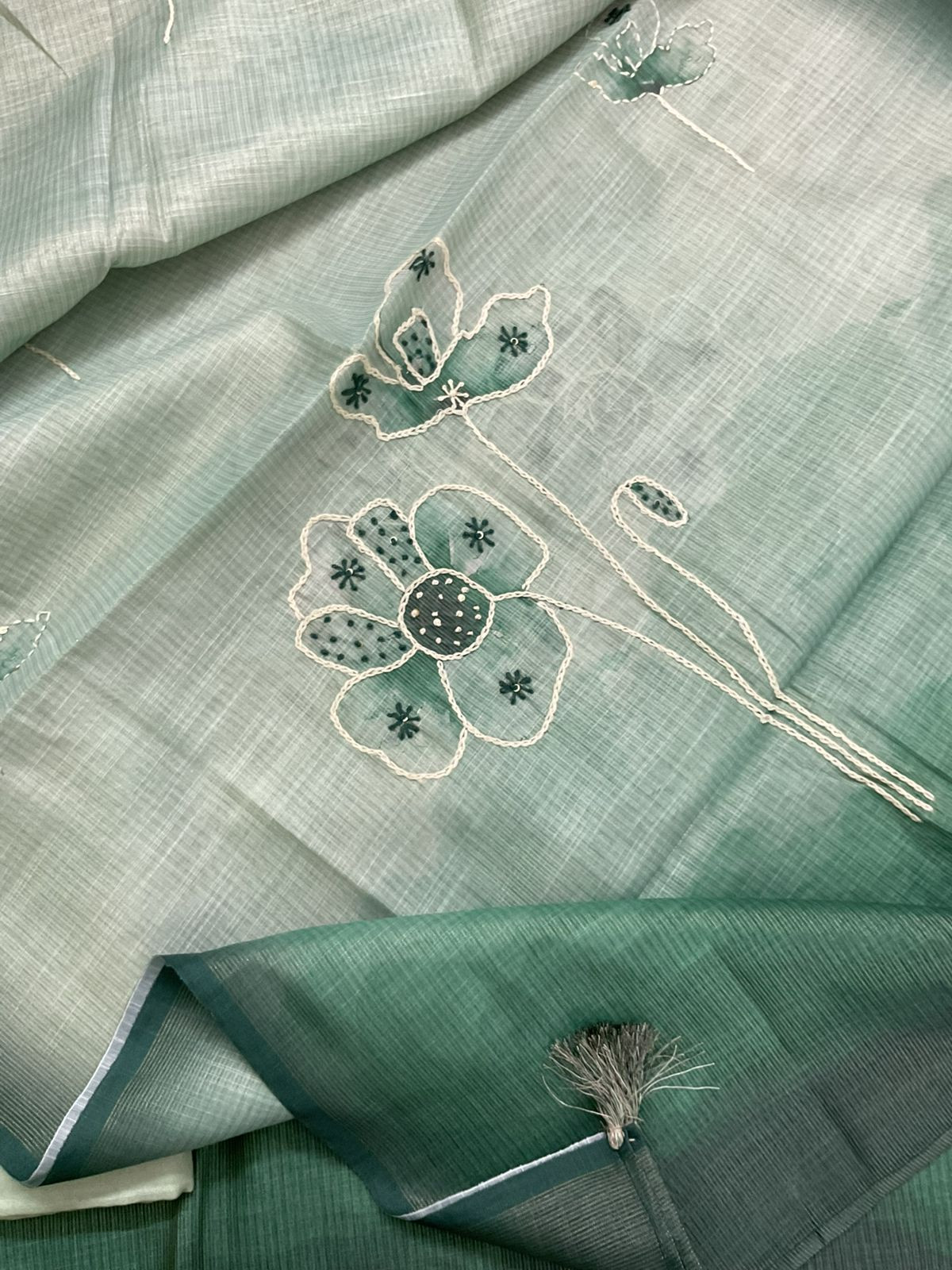 Soft Tissue Slub Cotton Printed Embroidered Suit - Green