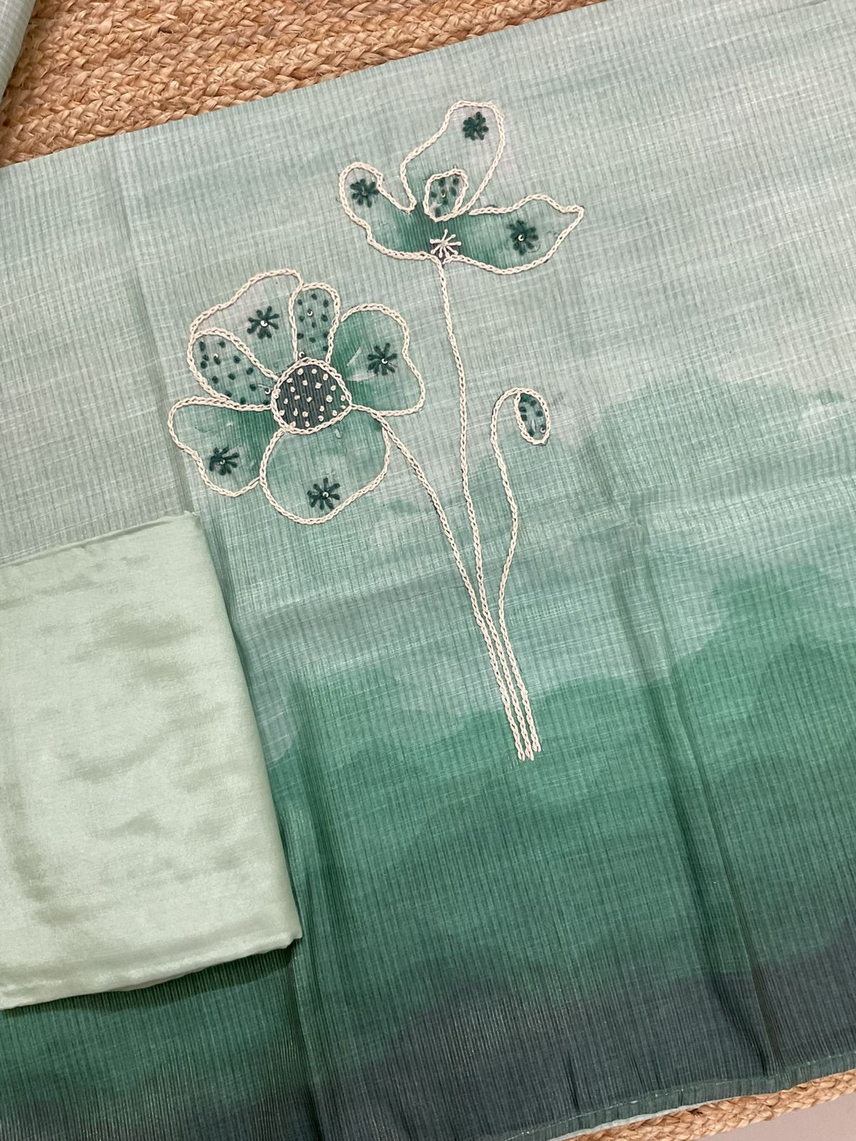 Soft Tissue Slub Cotton Printed Embroidered Suit - Green