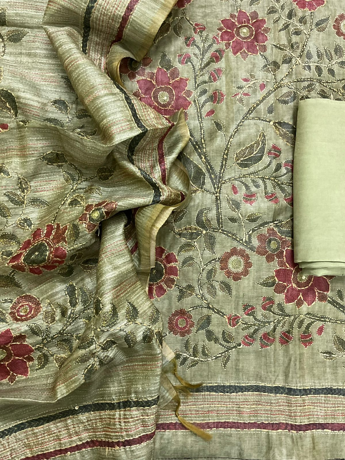 Soft Semi Raw Silk Printed Embroidered Suit - Green