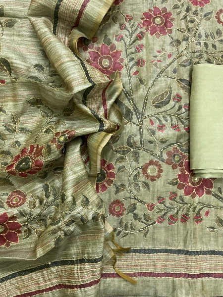 Image of Soft Semi Raw Silk Printed Embroidered Suit - Green