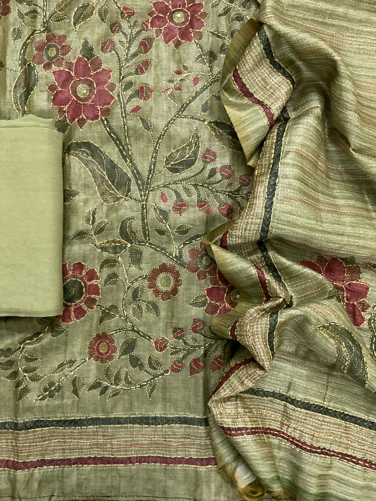 Soft Semi Raw Silk Printed Embroidered Suit - Green