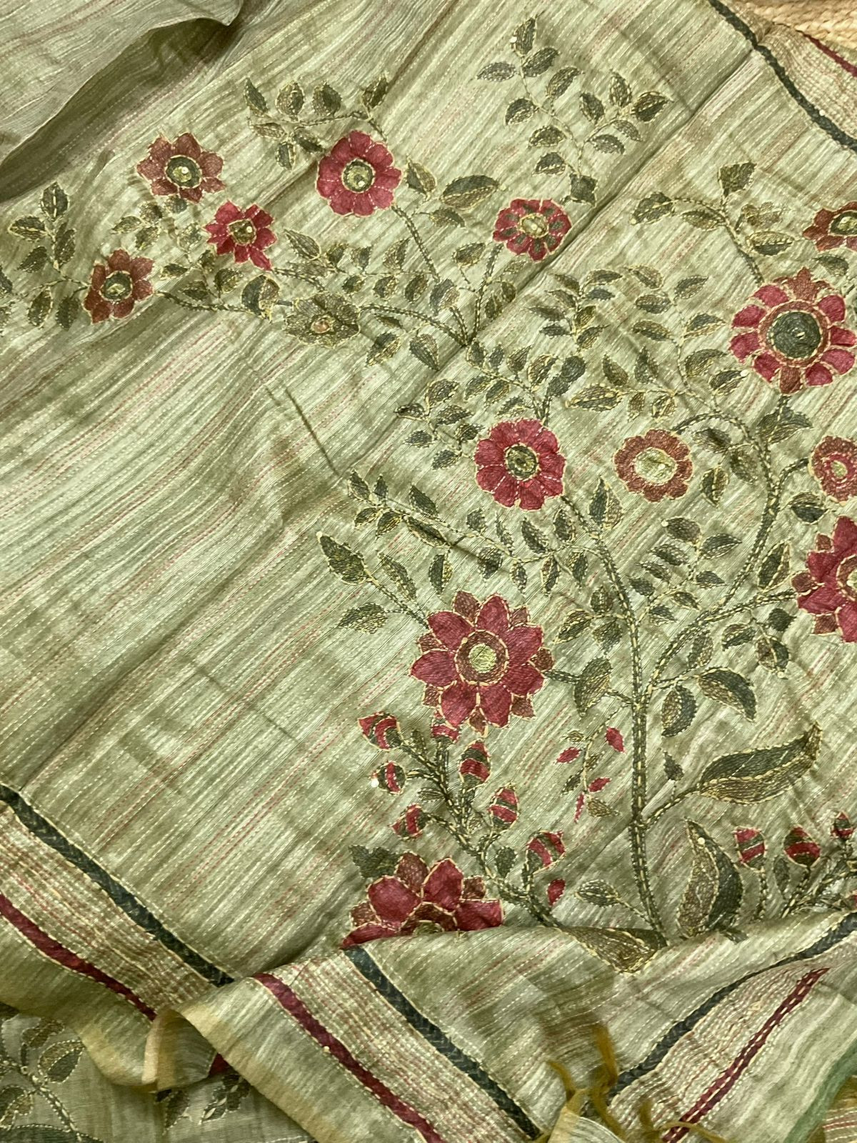 Soft Semi Raw Silk Printed Embroidered Suit - Green