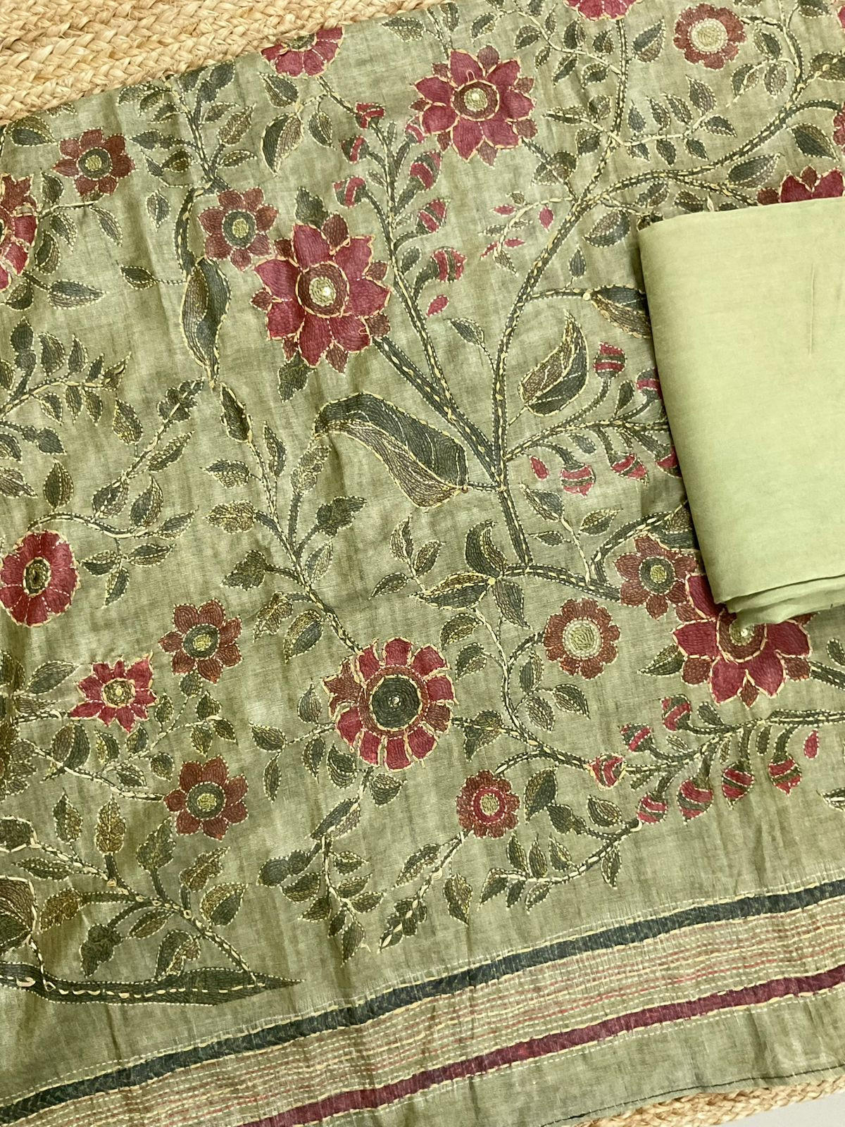 Soft Semi Raw Silk Printed Embroidered Suit - Green