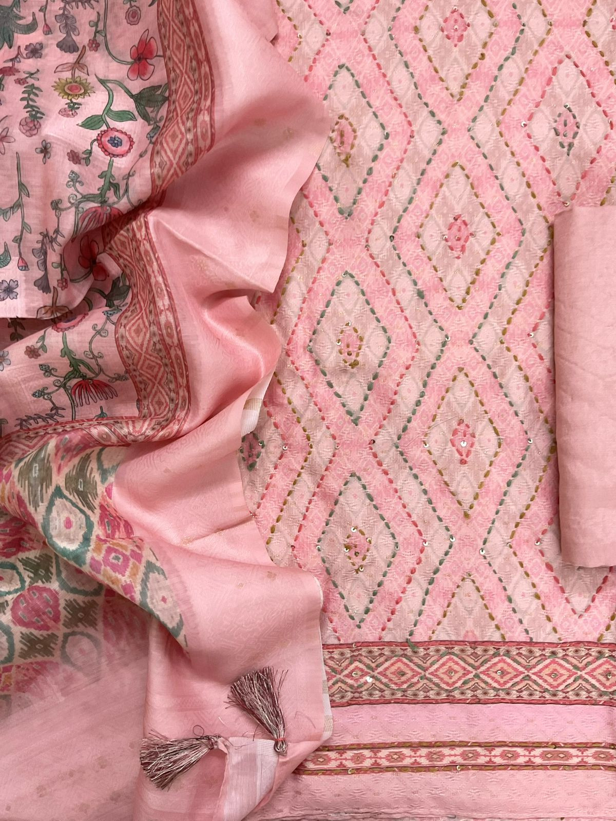 Soft Fine Cotton Silk Printed Self Weaved Embroidered Suit - Pink