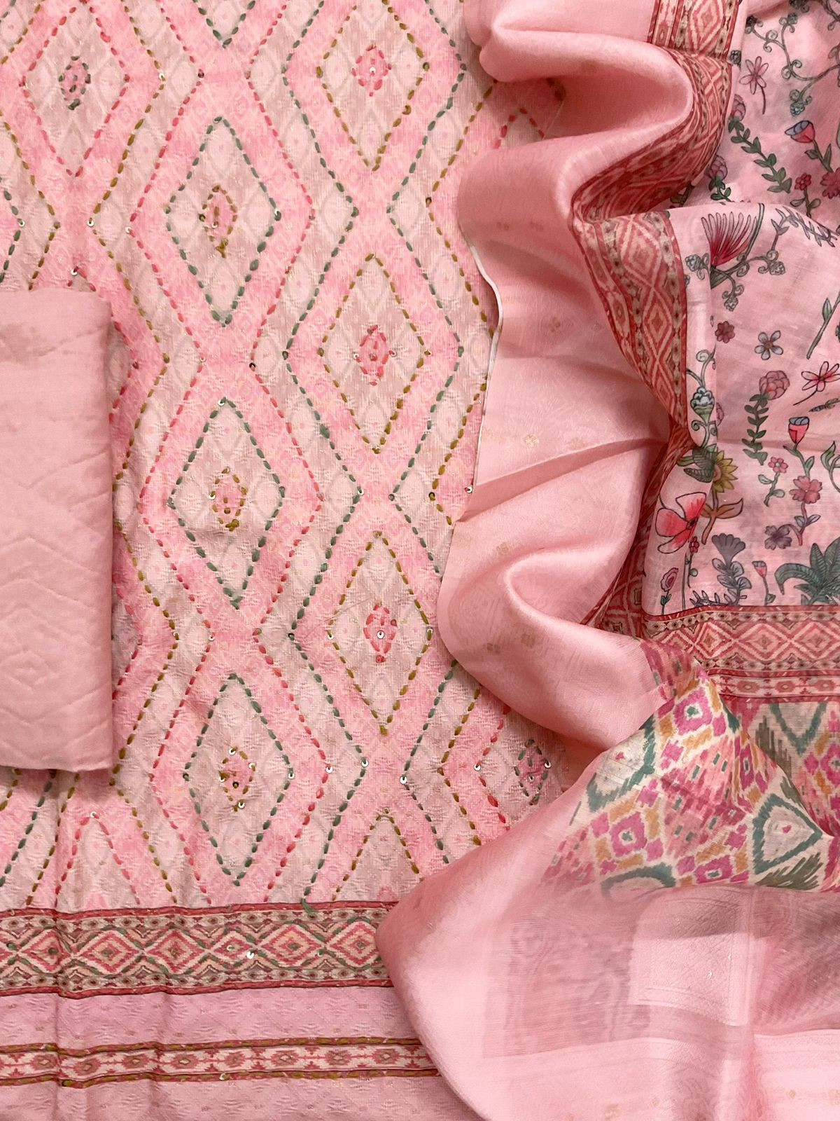 Soft Fine Cotton Silk Printed Self Weaved Embroidered Suit - Pink