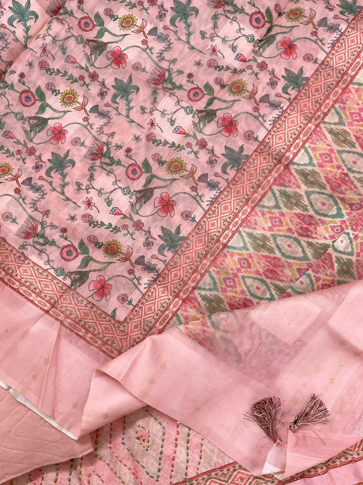Soft Fine Cotton Silk Printed Self Weaved Embroidered Suit - Pink