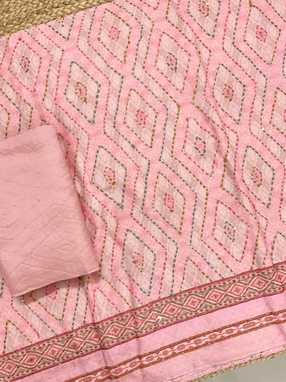 Soft Fine Cotton Silk Printed Self Weaved Embroidered Suit - Pink