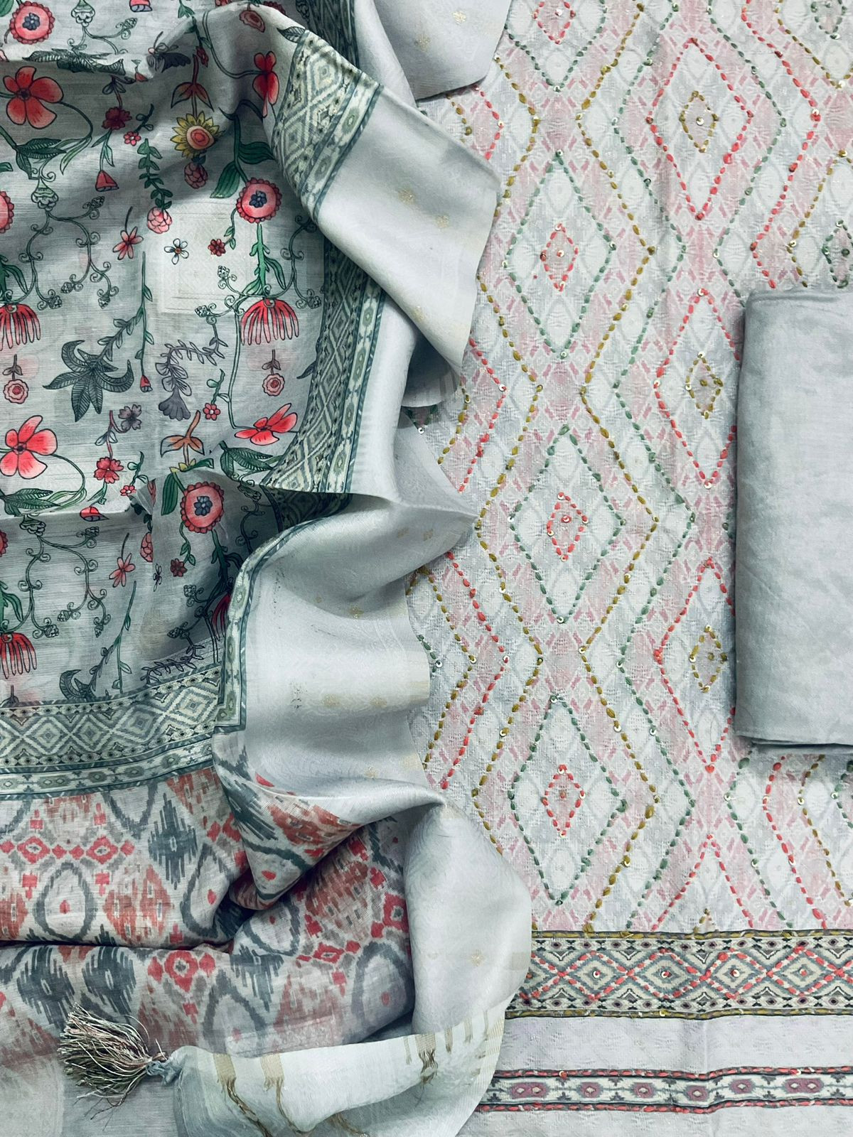 Soft Fine Cotton Silk Printed Self Weaved Embroidered Suit - Grey