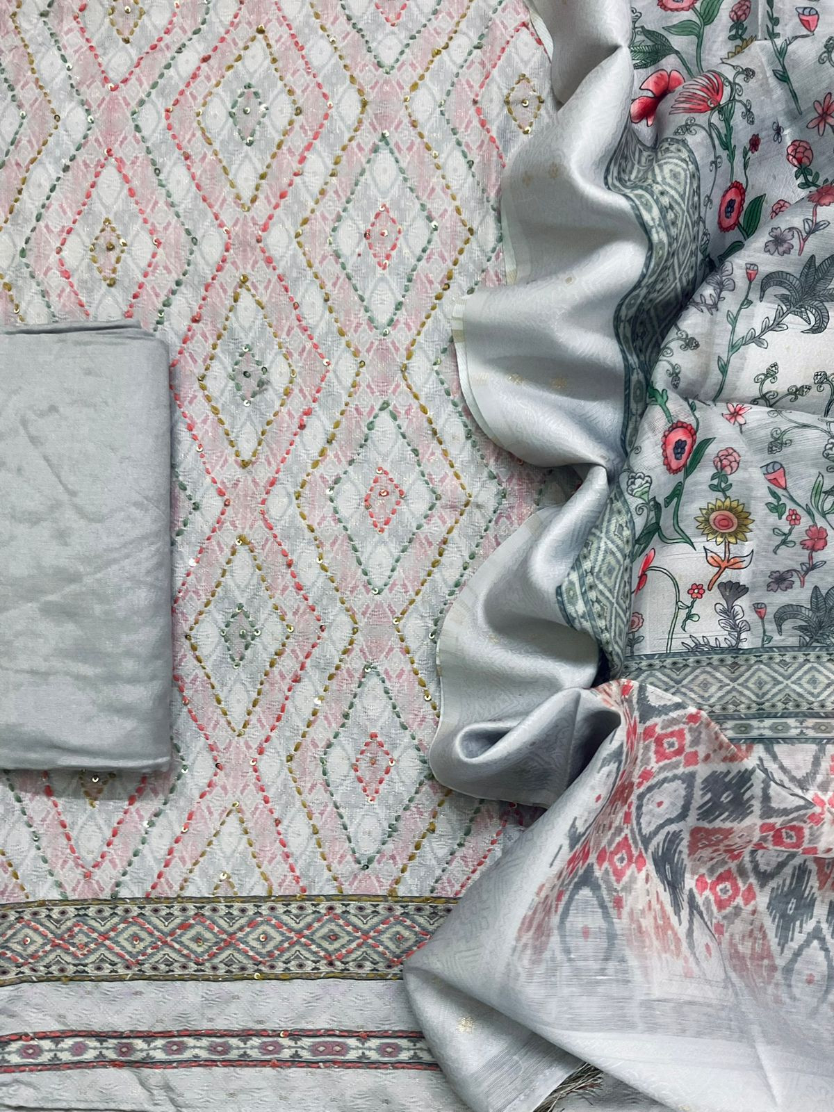Soft Fine Cotton Silk Printed Self Weaved Embroidered Suit - Grey