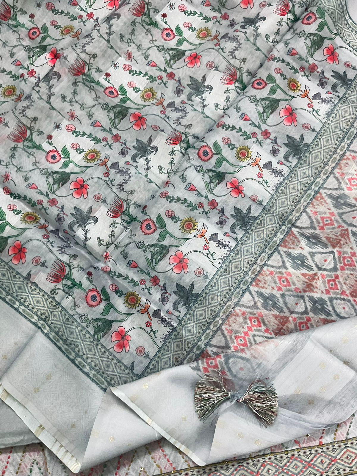 Soft Fine Cotton Silk Printed Self Weaved Embroidered Suit - Grey