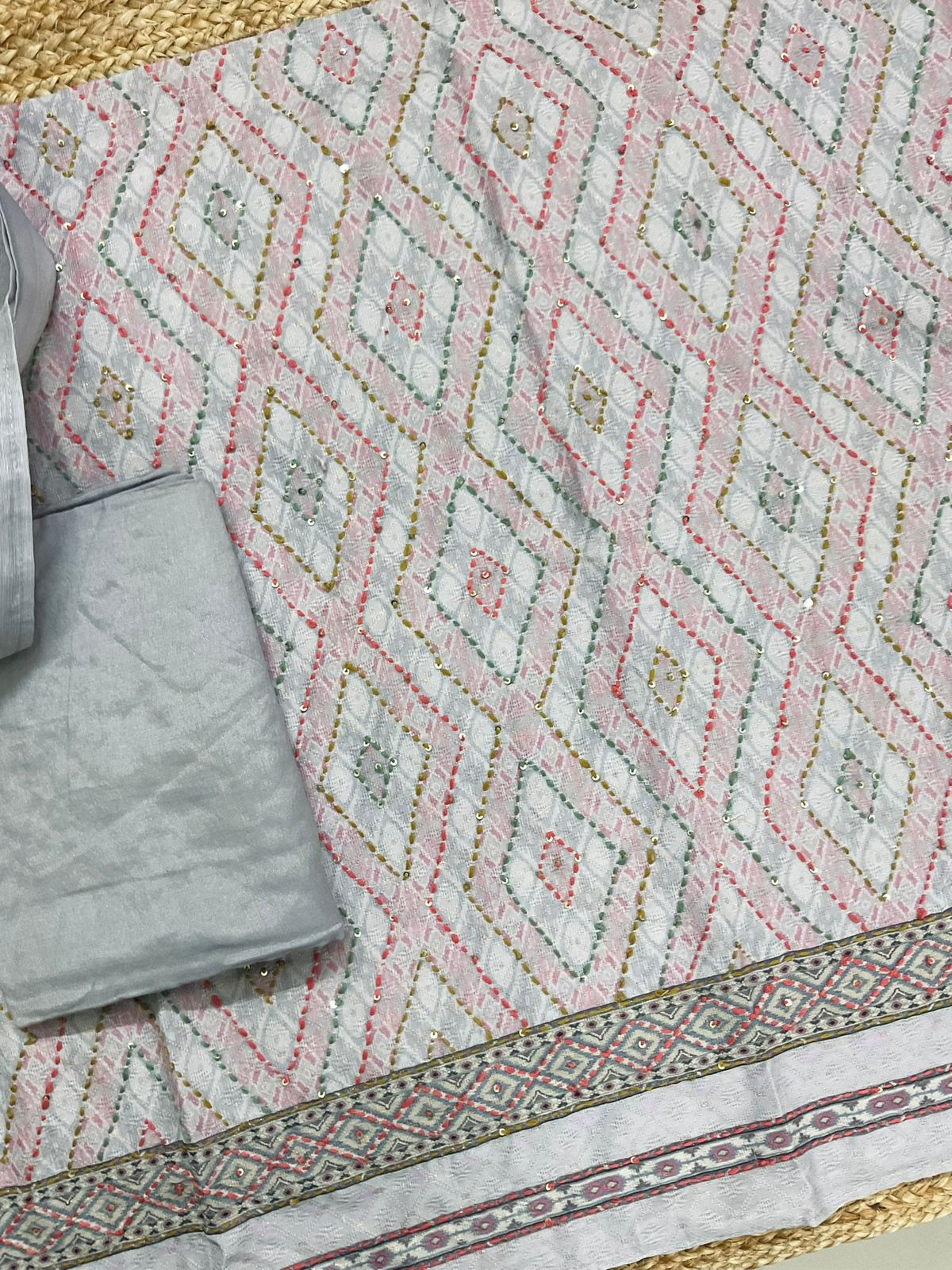 Soft Fine Cotton Silk Printed Self Weaved Embroidered Suit - Grey