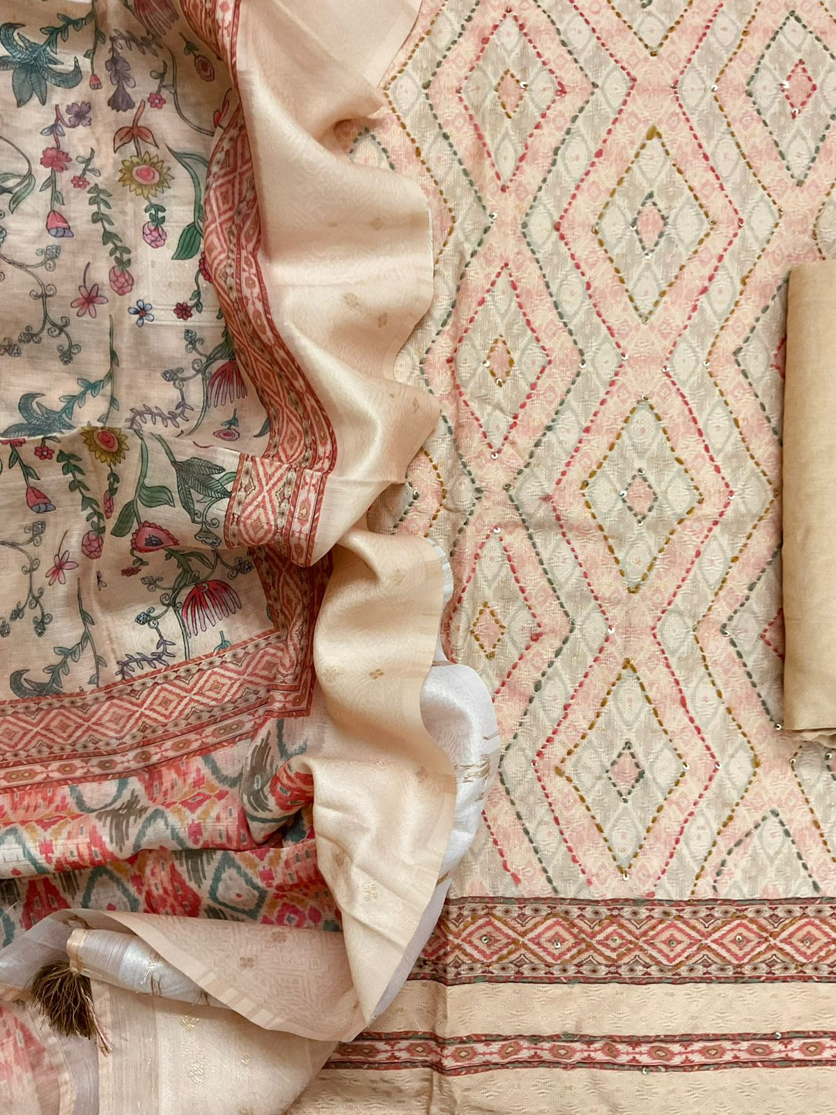 Soft Fine Cotton Silk Printed Self Weaved Embroidered Suit - Beige