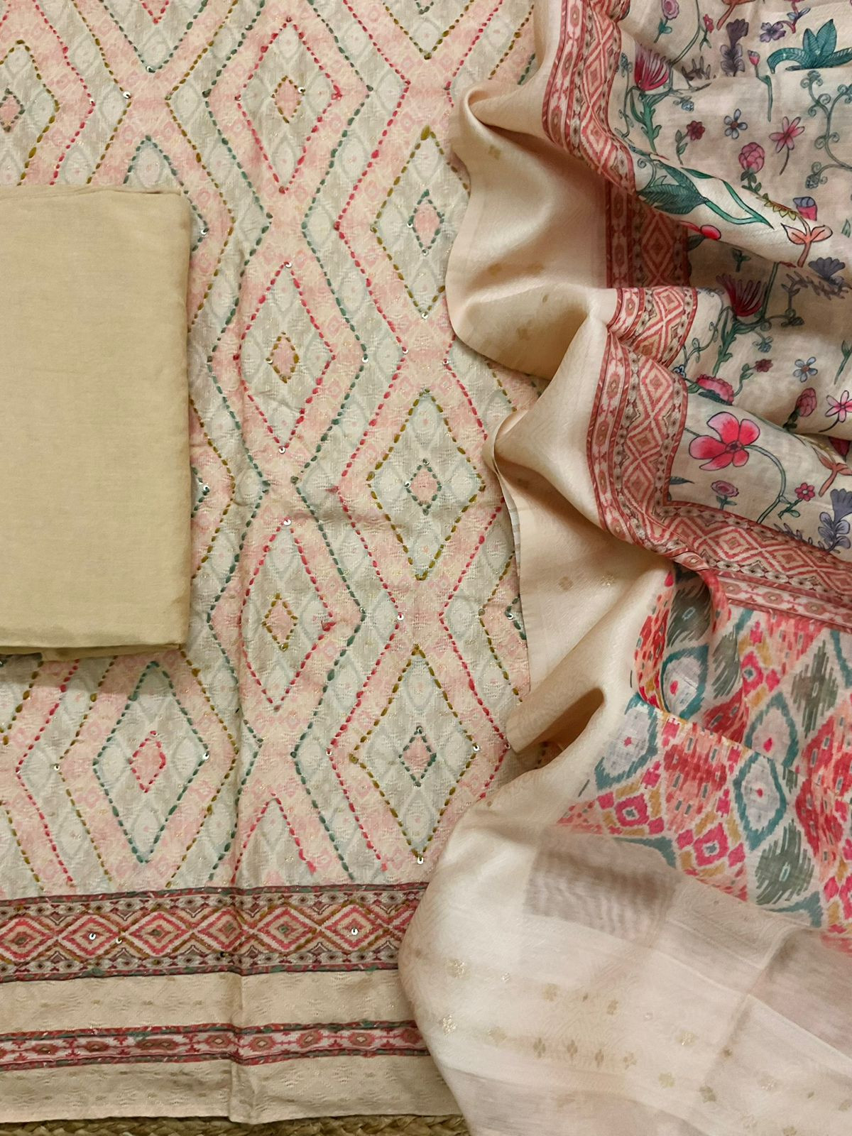 Soft Fine Cotton Silk Printed Self Weaved Embroidered Suit - Beige