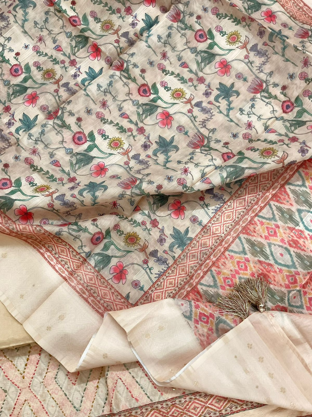 Soft Fine Cotton Silk Printed Self Weaved Embroidered Suit - Beige