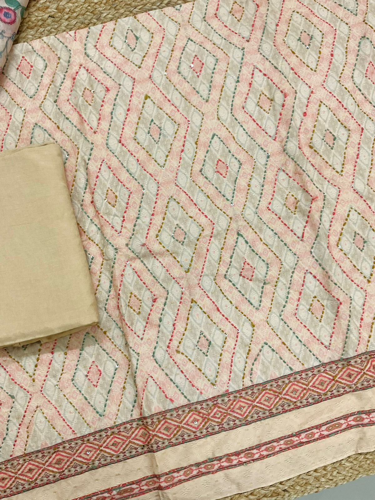 Soft Fine Cotton Silk Printed Self Weaved Embroidered Suit - Beige