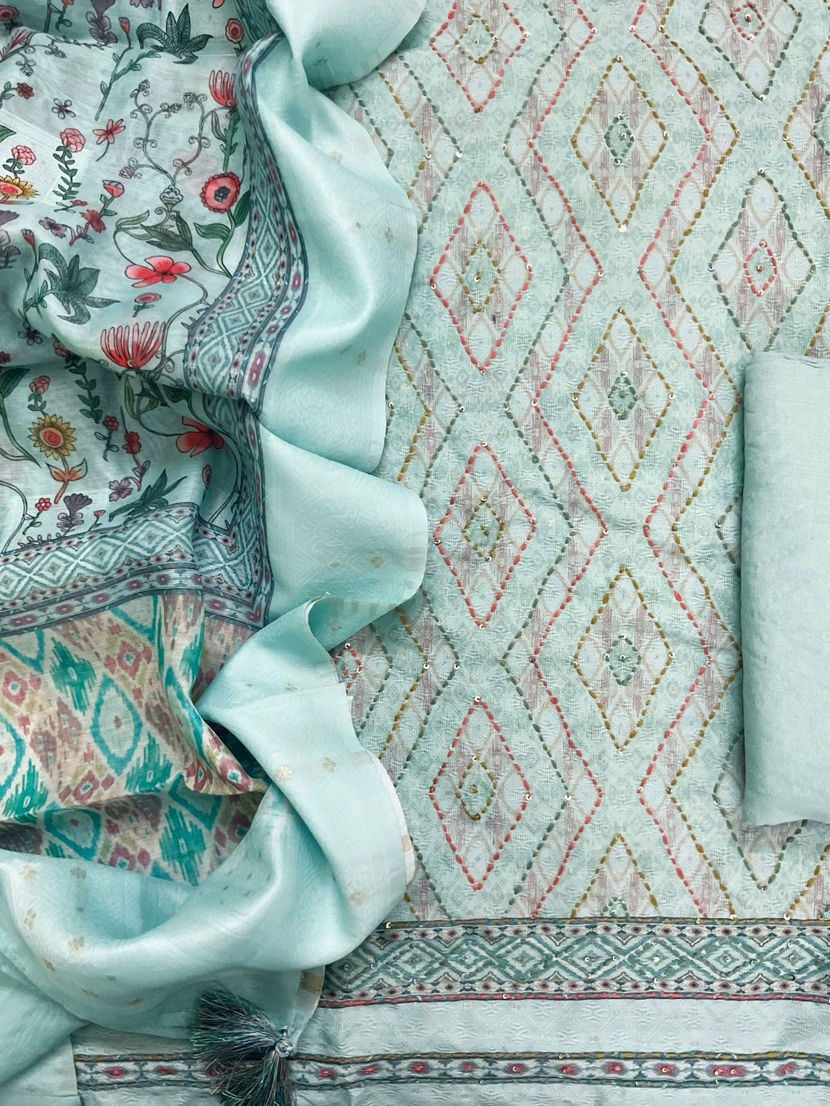 Soft Fine Cotton Silk Printed Self Weaved Embroidered Suit - Blue