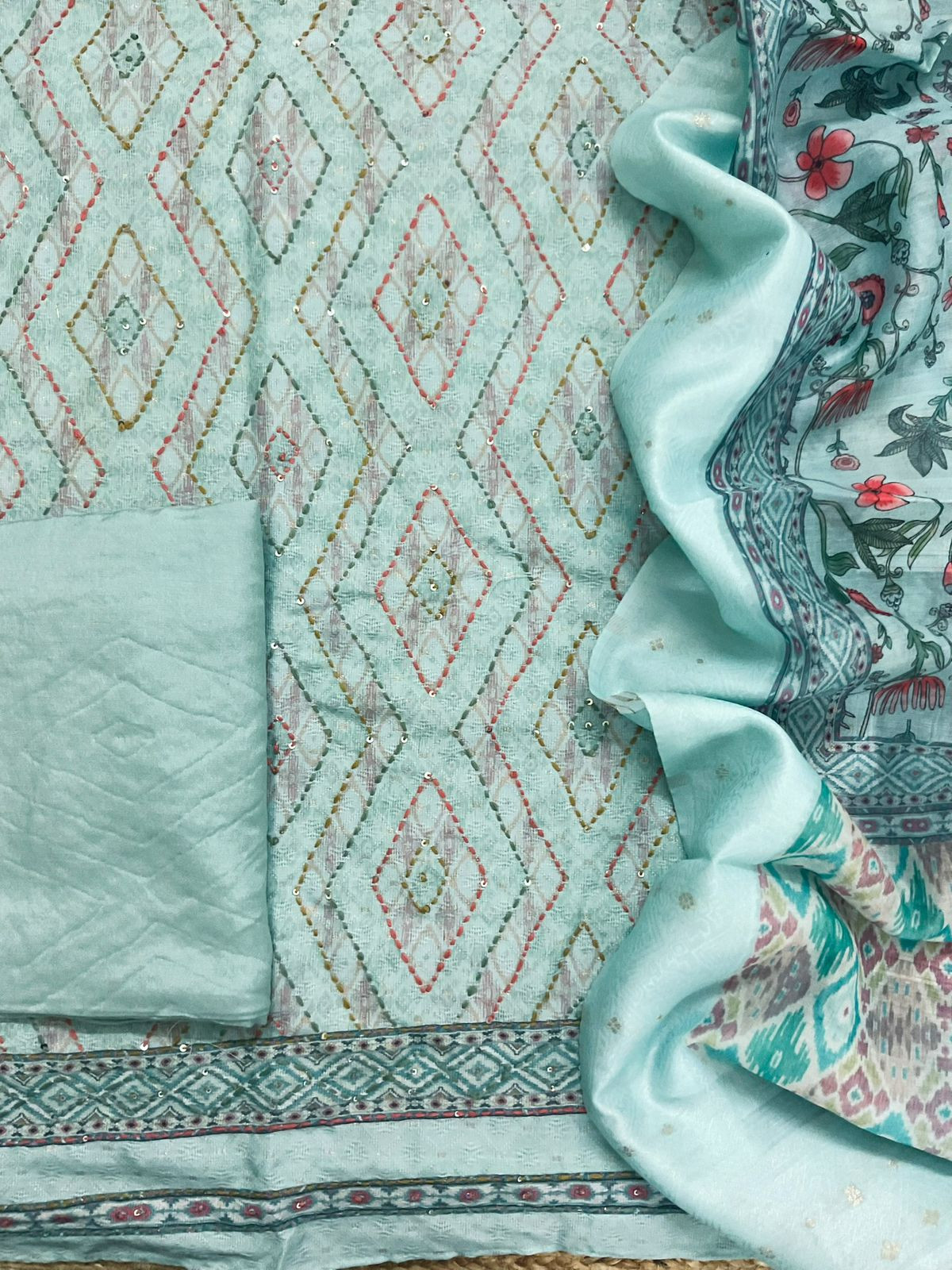 Soft Fine Cotton Silk Printed Self Weaved Embroidered Suit - Blue