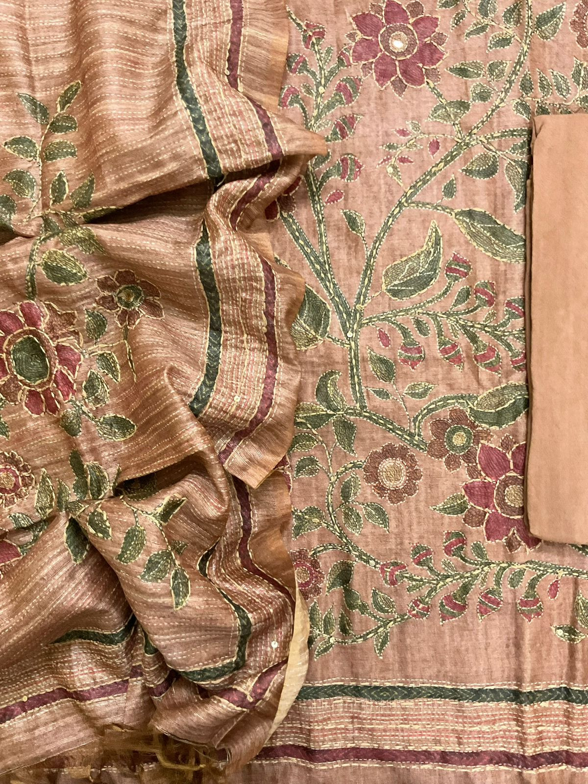 Soft Semi Raw Silk Printed Embroidered Suit - Brown