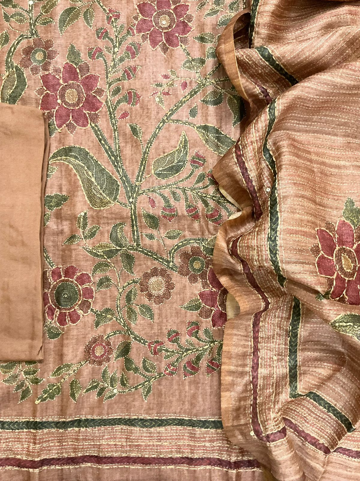 Soft Semi Raw Silk Printed Embroidered Suit - Brown