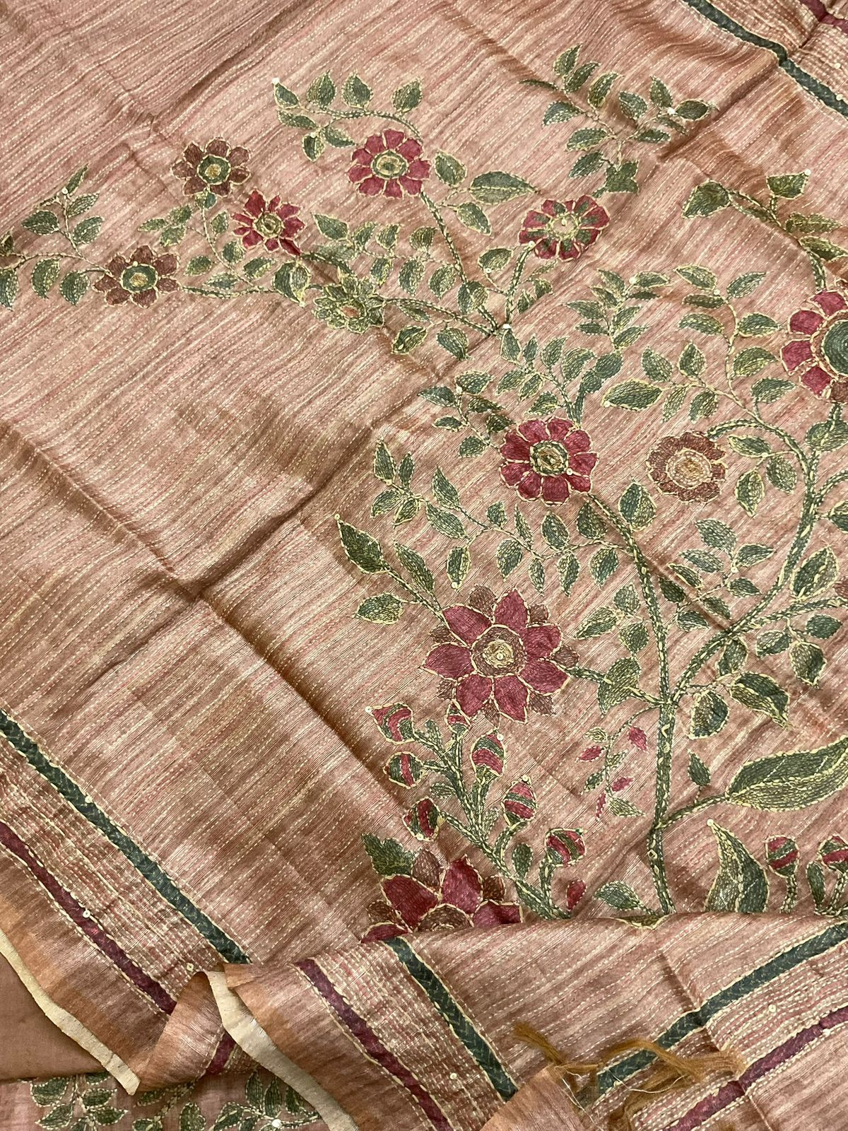 Soft Semi Raw Silk Printed Embroidered Suit - Brown