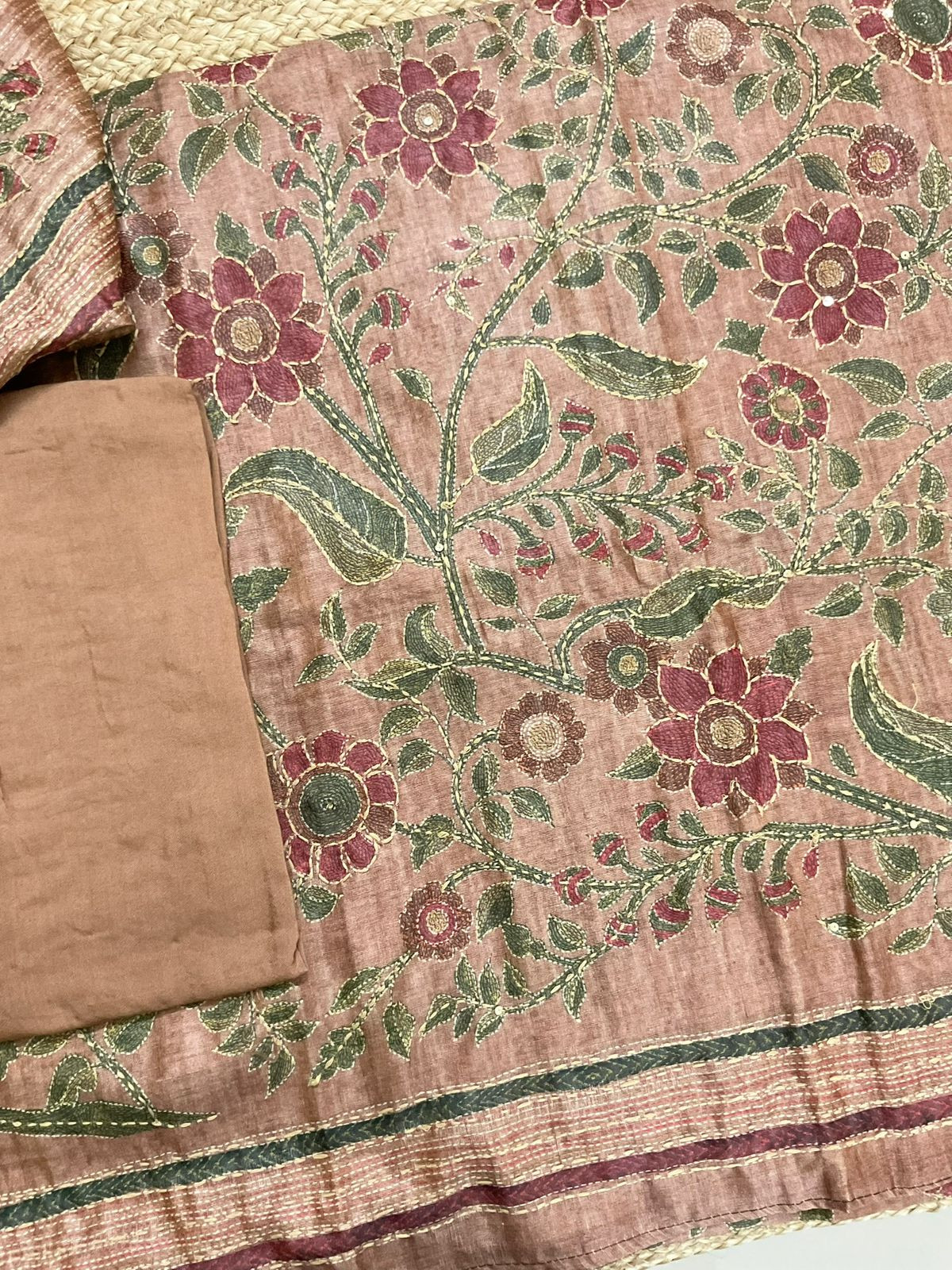 Soft Semi Raw Silk Printed Embroidered Suit - Brown