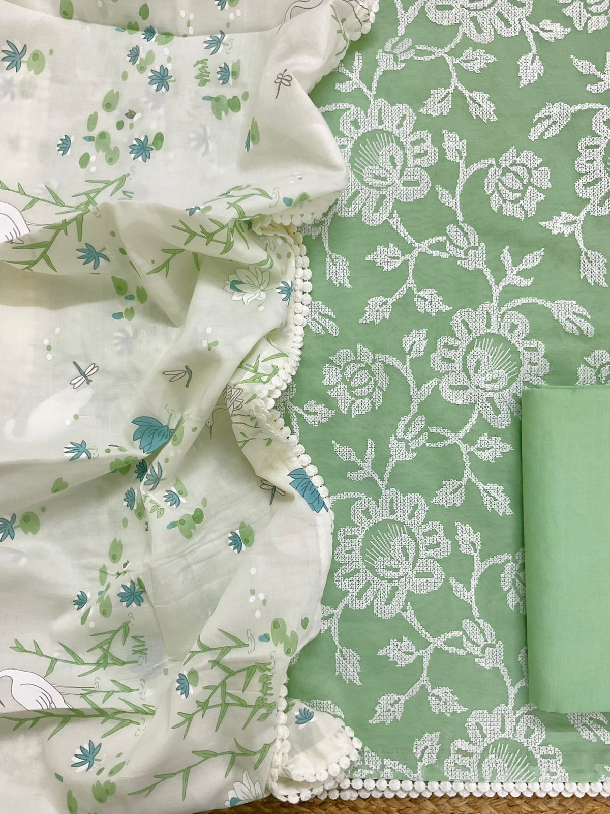 Pure Cotton Printed Embroidered Suit - Green