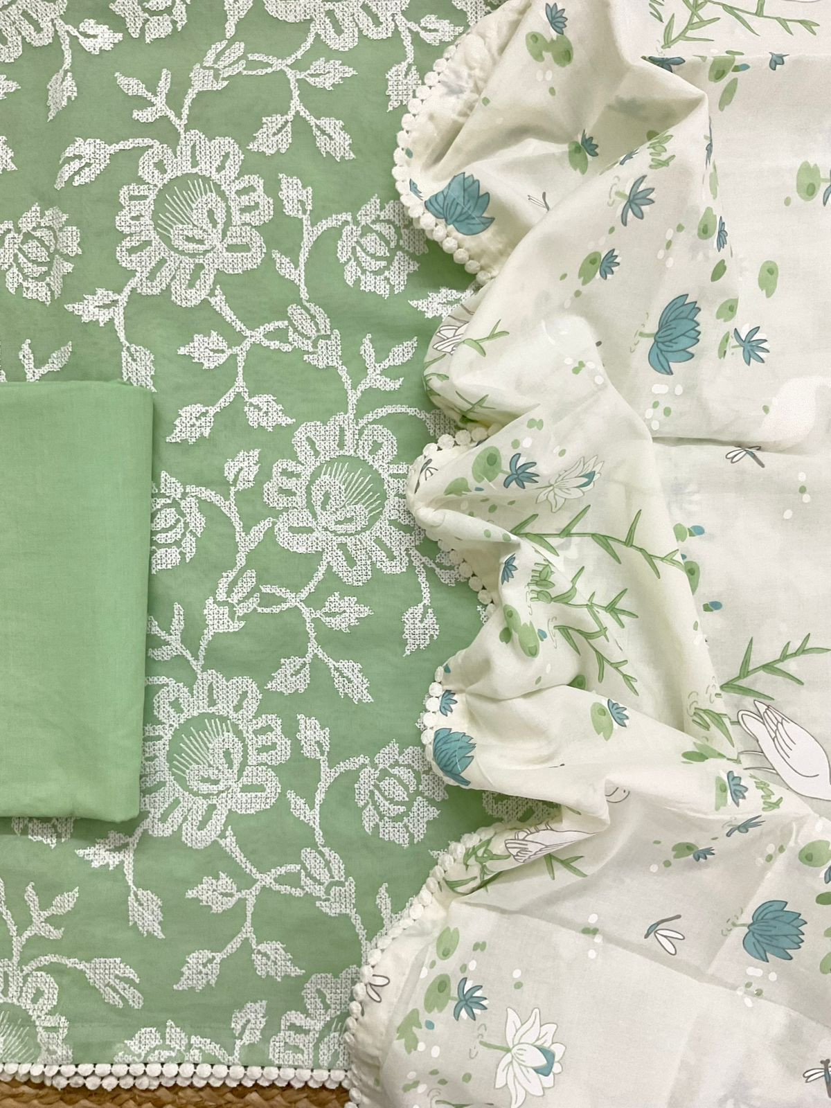 Pure Cotton Printed Embroidered Suit - Green